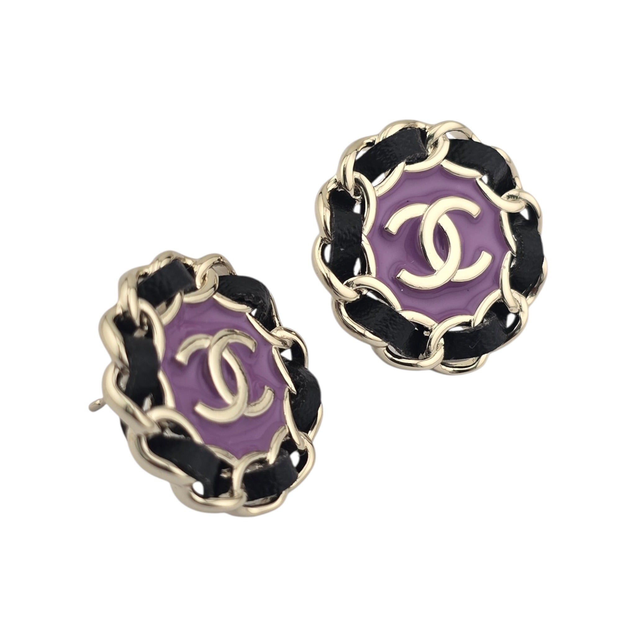 Chanel CC Black Leather Purple Round Earrings 2024 CHANEL