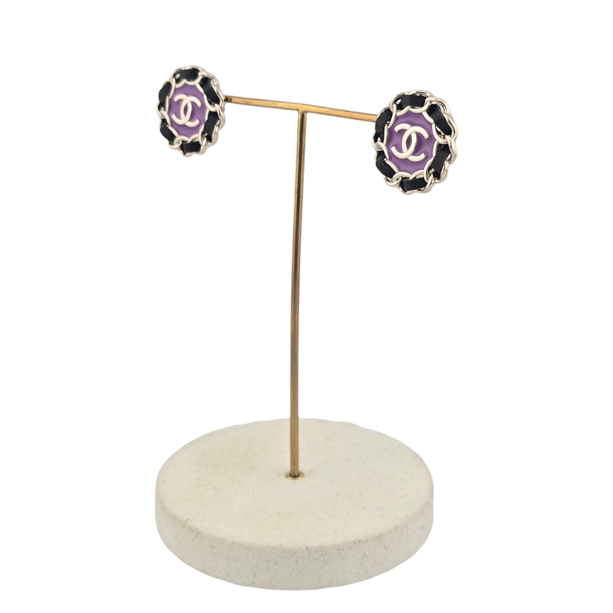 Chanel CC Black Leather Purple Round Earrings 2024 CHANEL