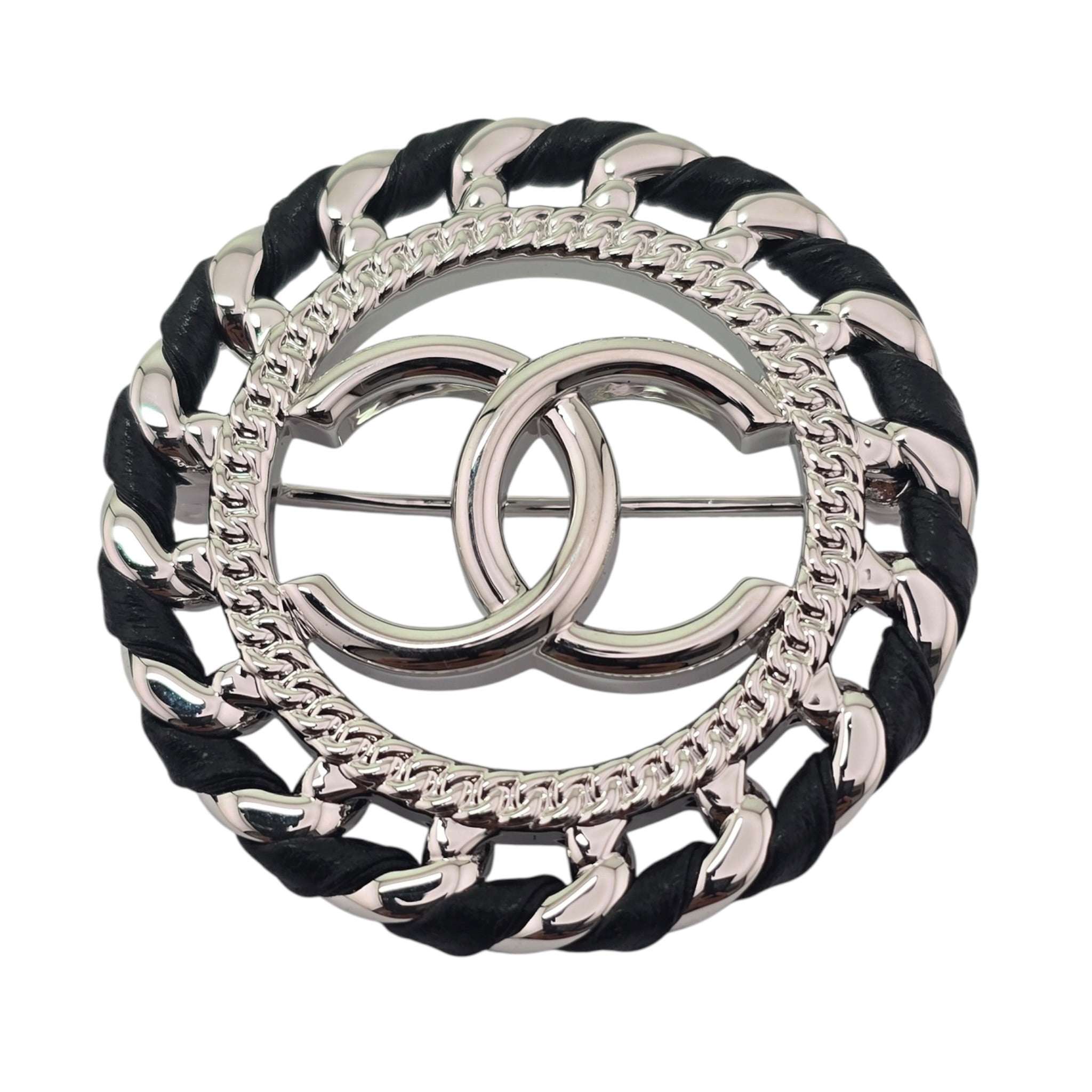 Chanel CC Lambskin Black Silver Round Brooch 2026 CHANEL