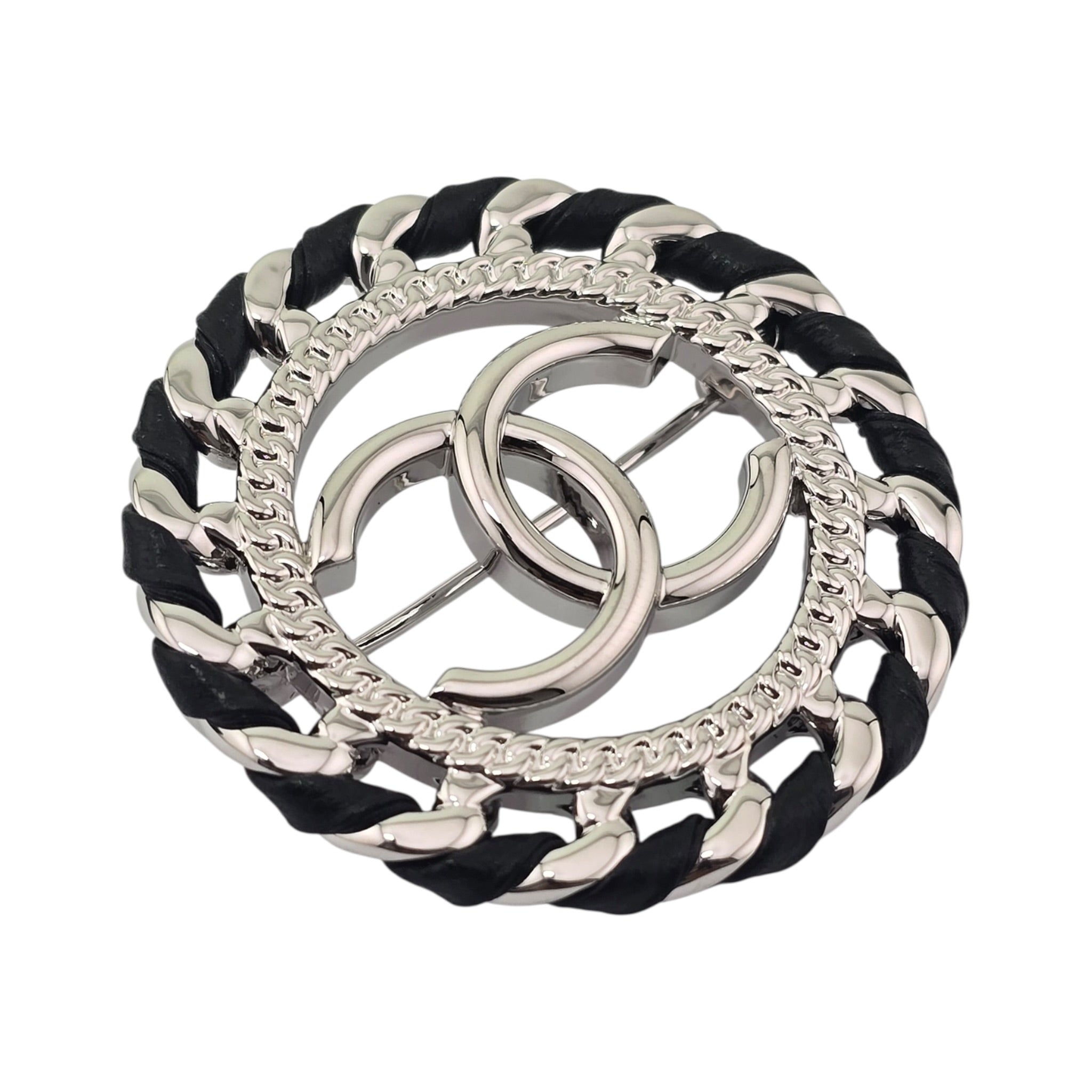 Chanel CC Lambskin Black Silver Round Brooch 2026 CHANEL