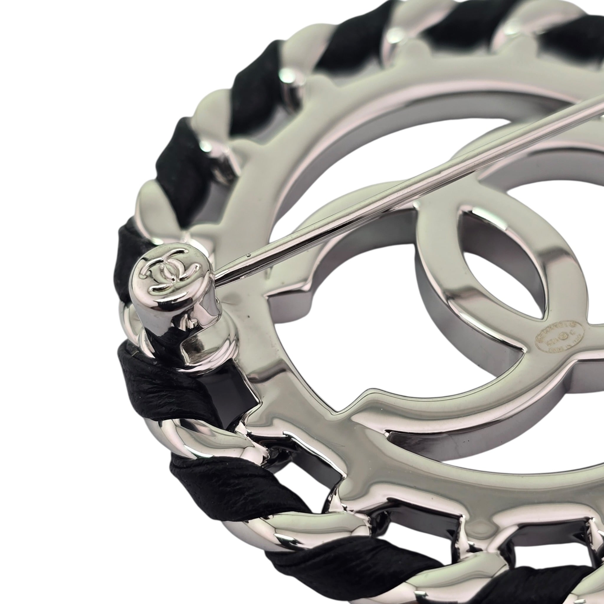 Chanel CC Lambskin Black Silver Round Brooch 2026 CHANEL