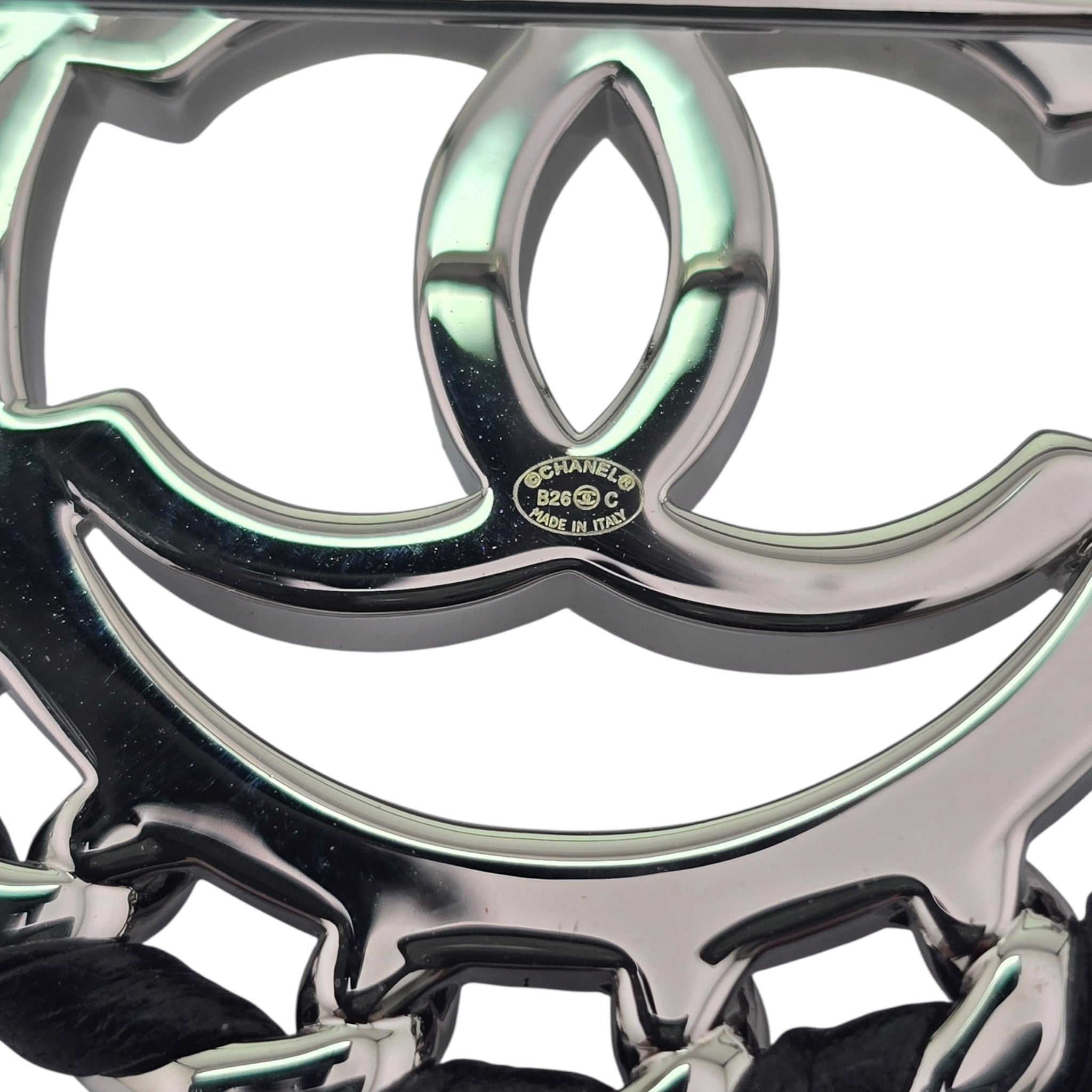 Chanel CC Lambskin Black Silver Round Brooch 2026 CHANEL