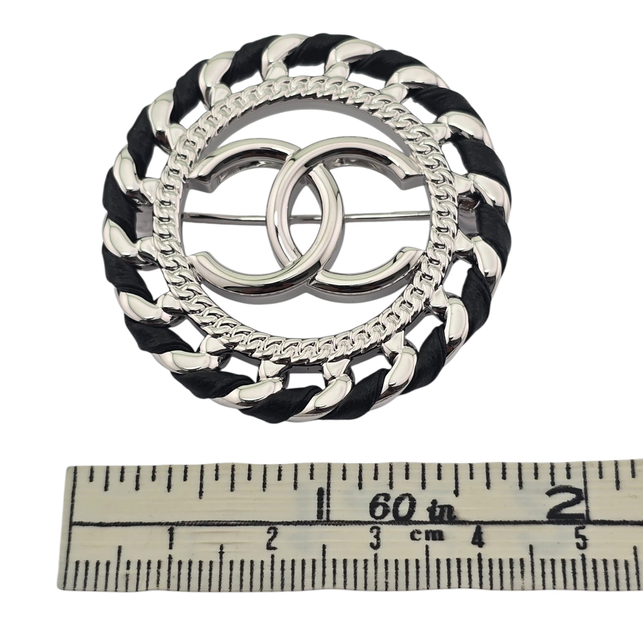 Chanel CC Lambskin Black Silver Round Brooch 2026 CHANEL