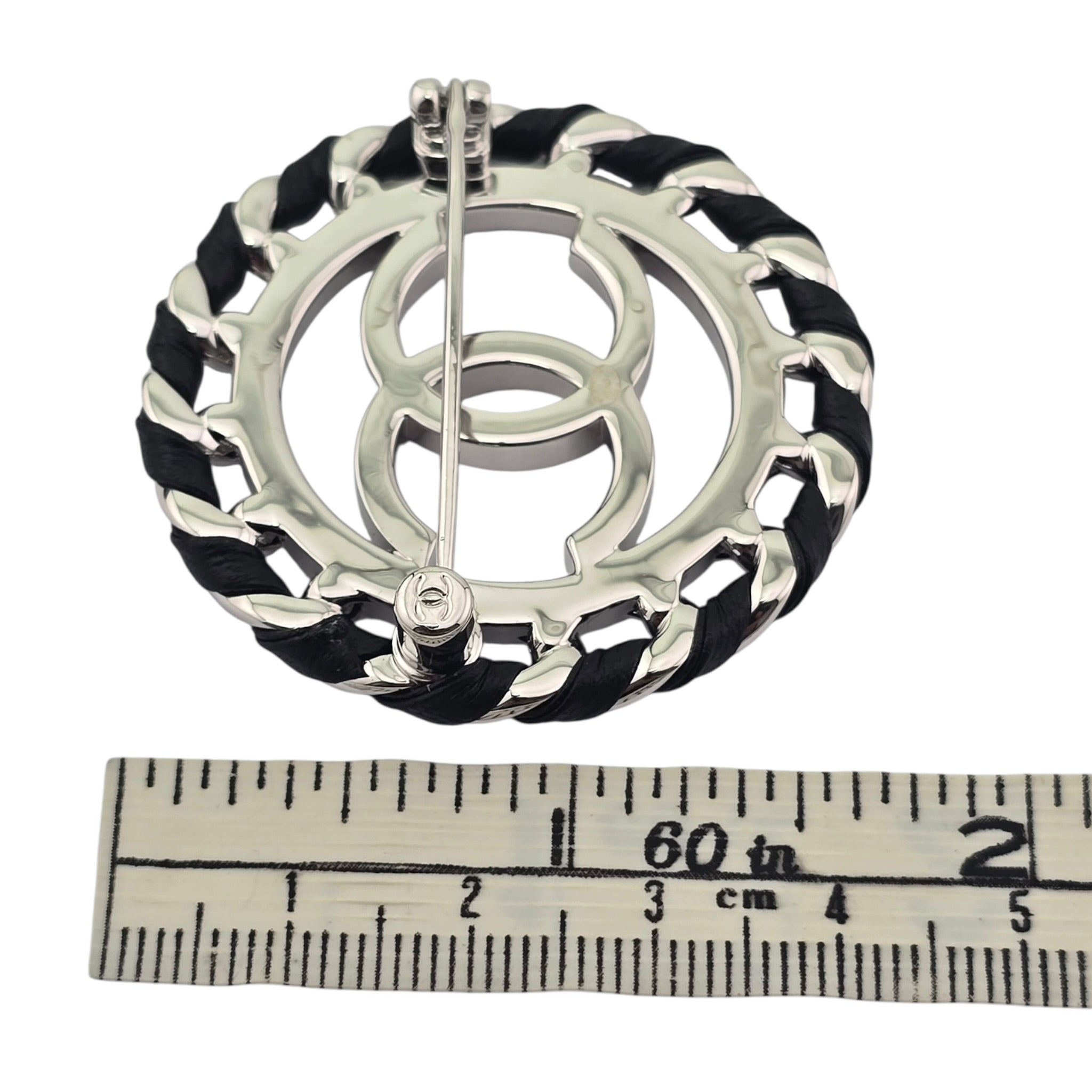 Chanel CC Lambskin Black Silver Round Brooch 2026 CHANEL