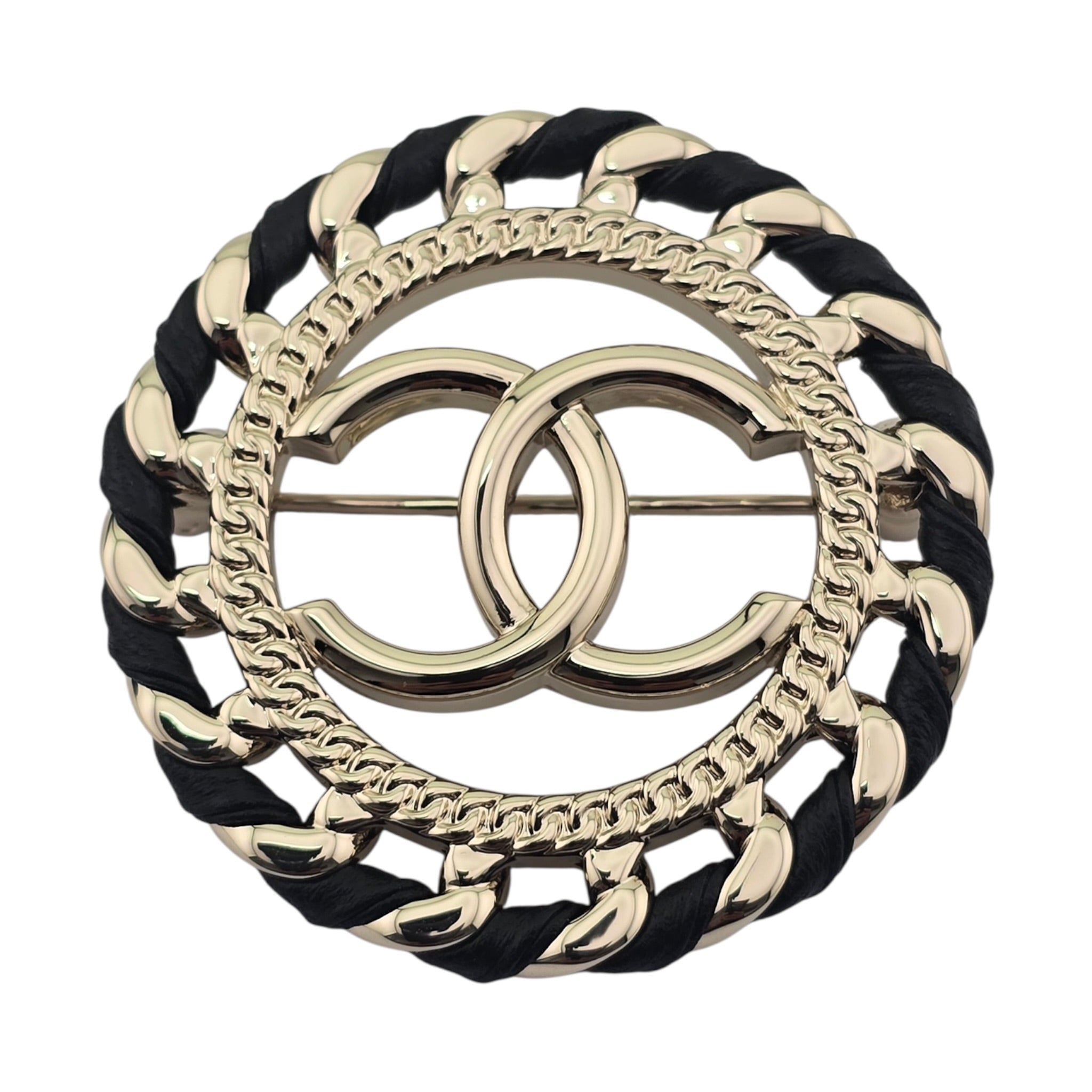Chanel CC Lambskin Black Gold Round Brooch 2026 CHANEL