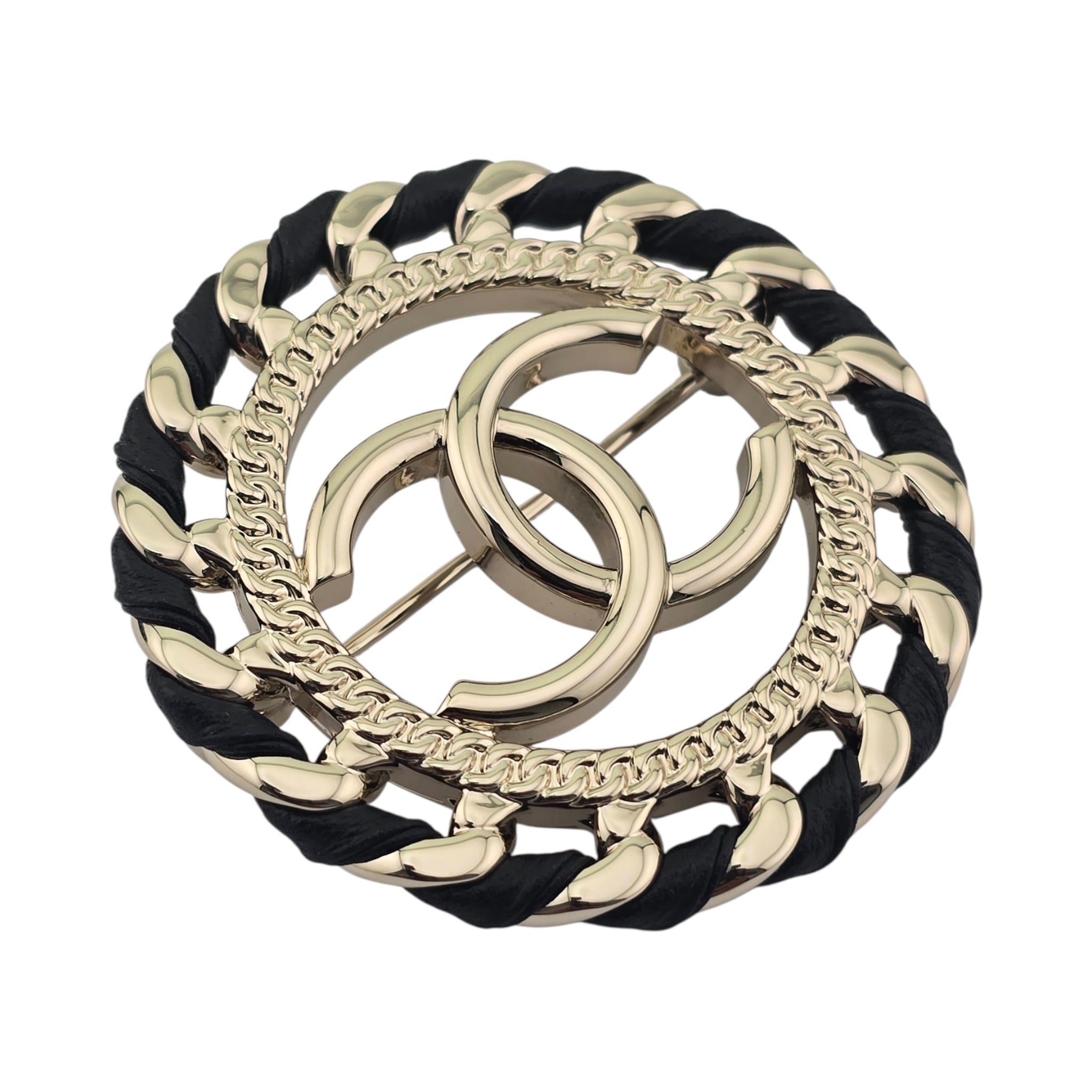 Chanel CC Lambskin Black Gold Round Brooch 2026 CHANEL