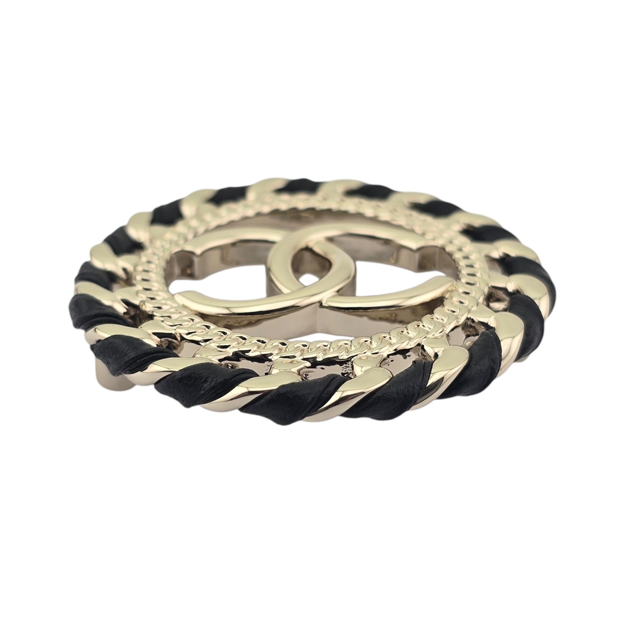 Chanel CC Lambskin Black Gold Round Brooch 2026 CHANEL