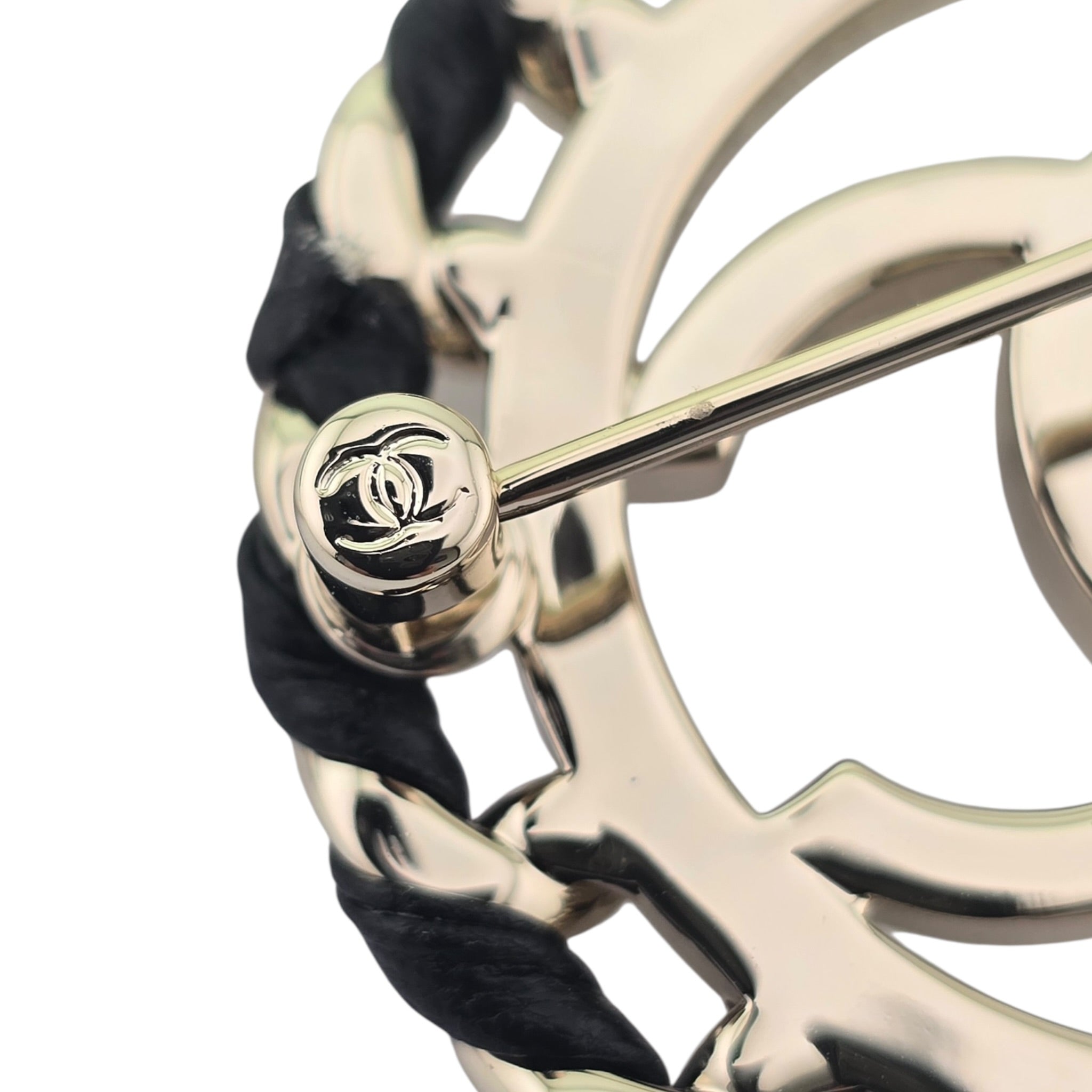 Chanel CC Lambskin Black Gold Round Brooch 2026 CHANEL