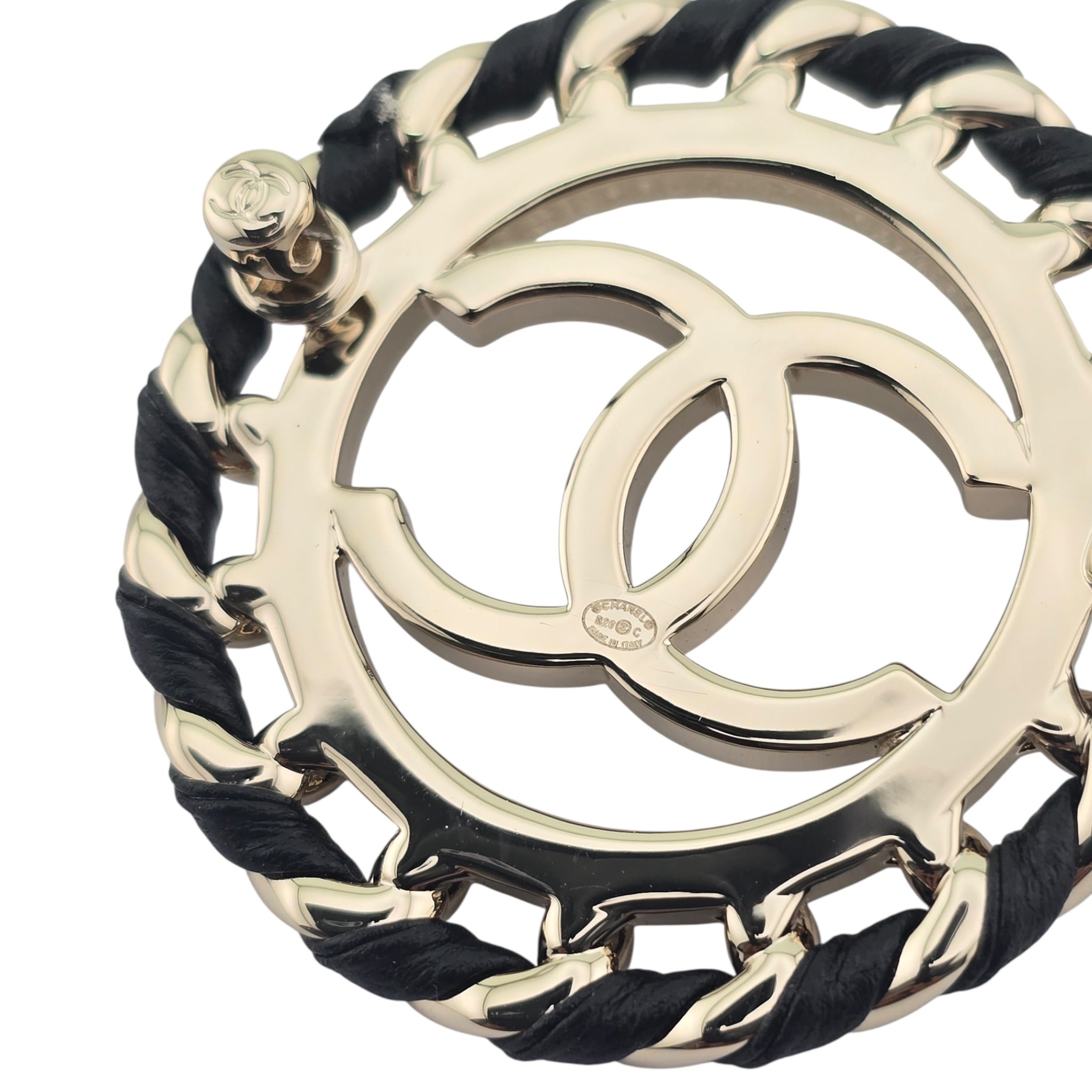 Chanel CC Lambskin Black Gold Round Brooch 2026 CHANEL
