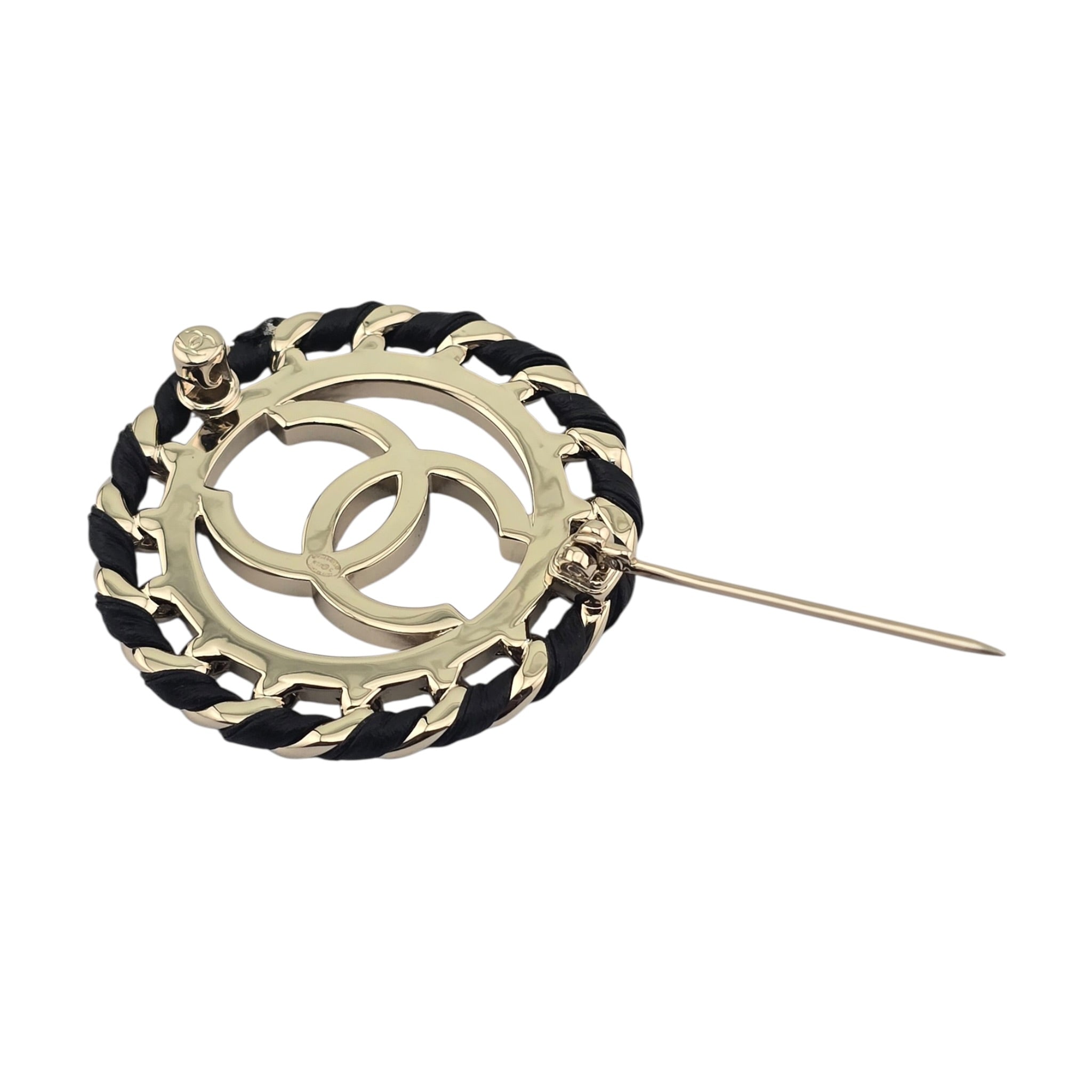 Chanel CC Lambskin Black Gold Round Brooch 2026 CHANEL