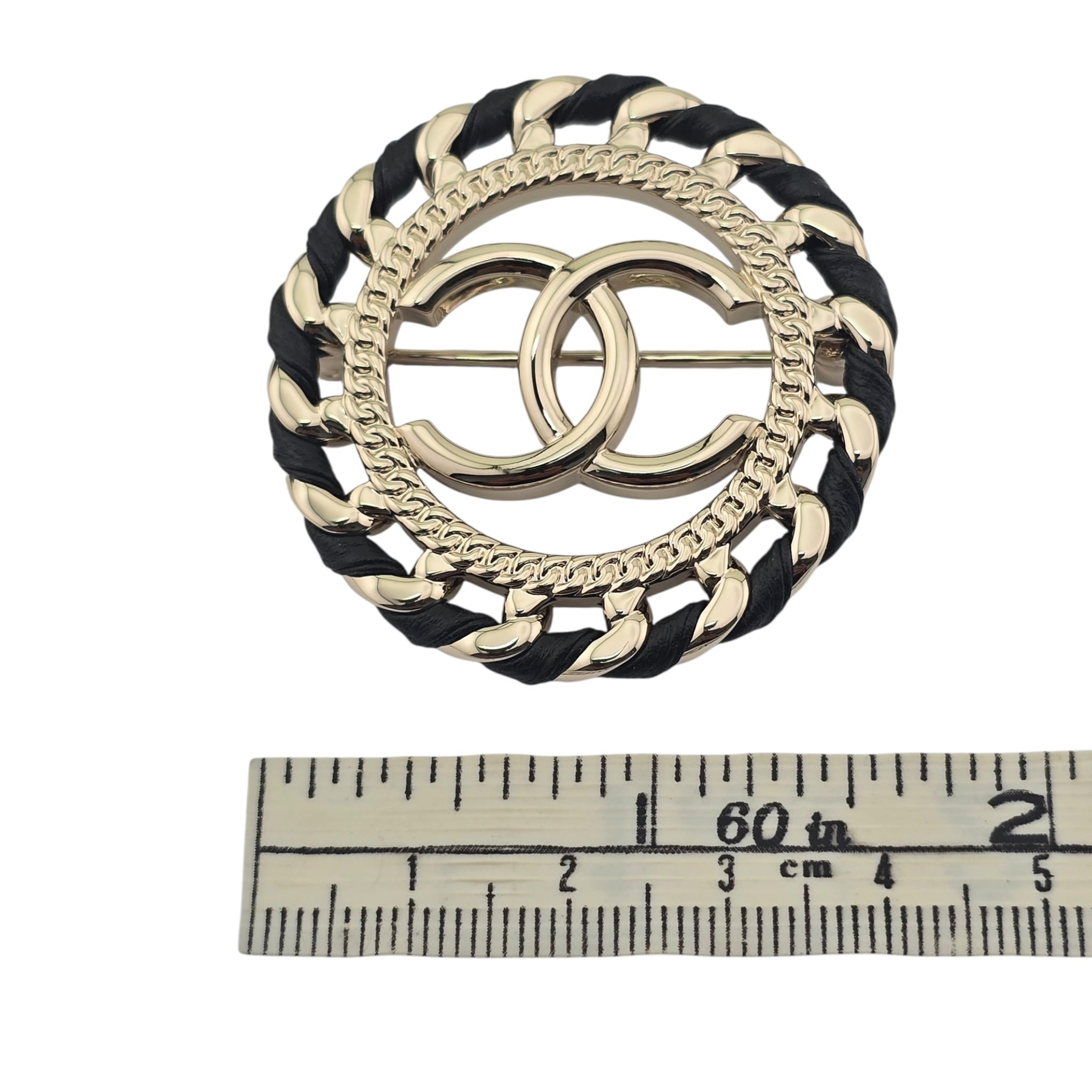 Chanel CC Lambskin Black Gold Round Brooch 2026 CHANEL