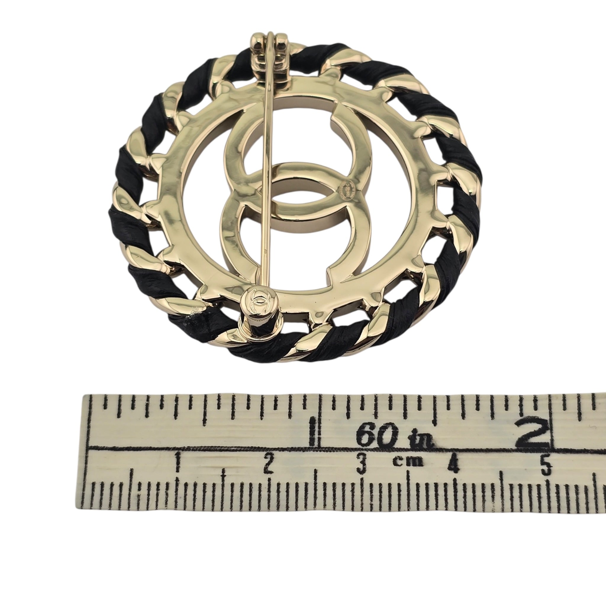 Chanel CC Lambskin Black Gold Round Brooch 2026 CHANEL