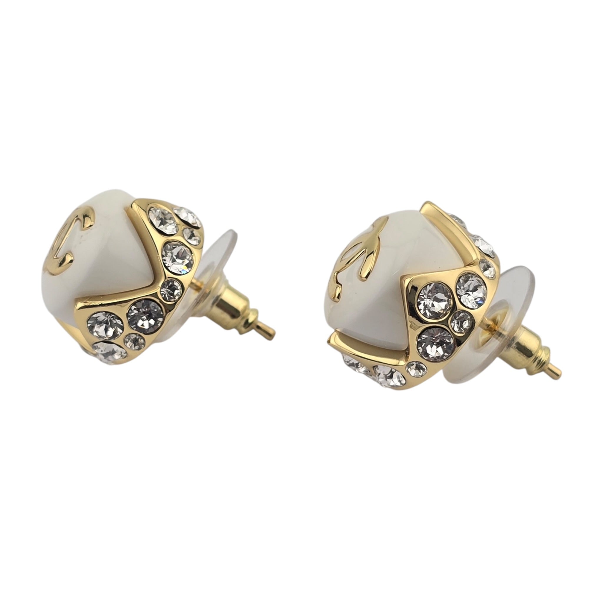 Chanel CC White Gold Enamel Round Earrings 2026 CHANEL