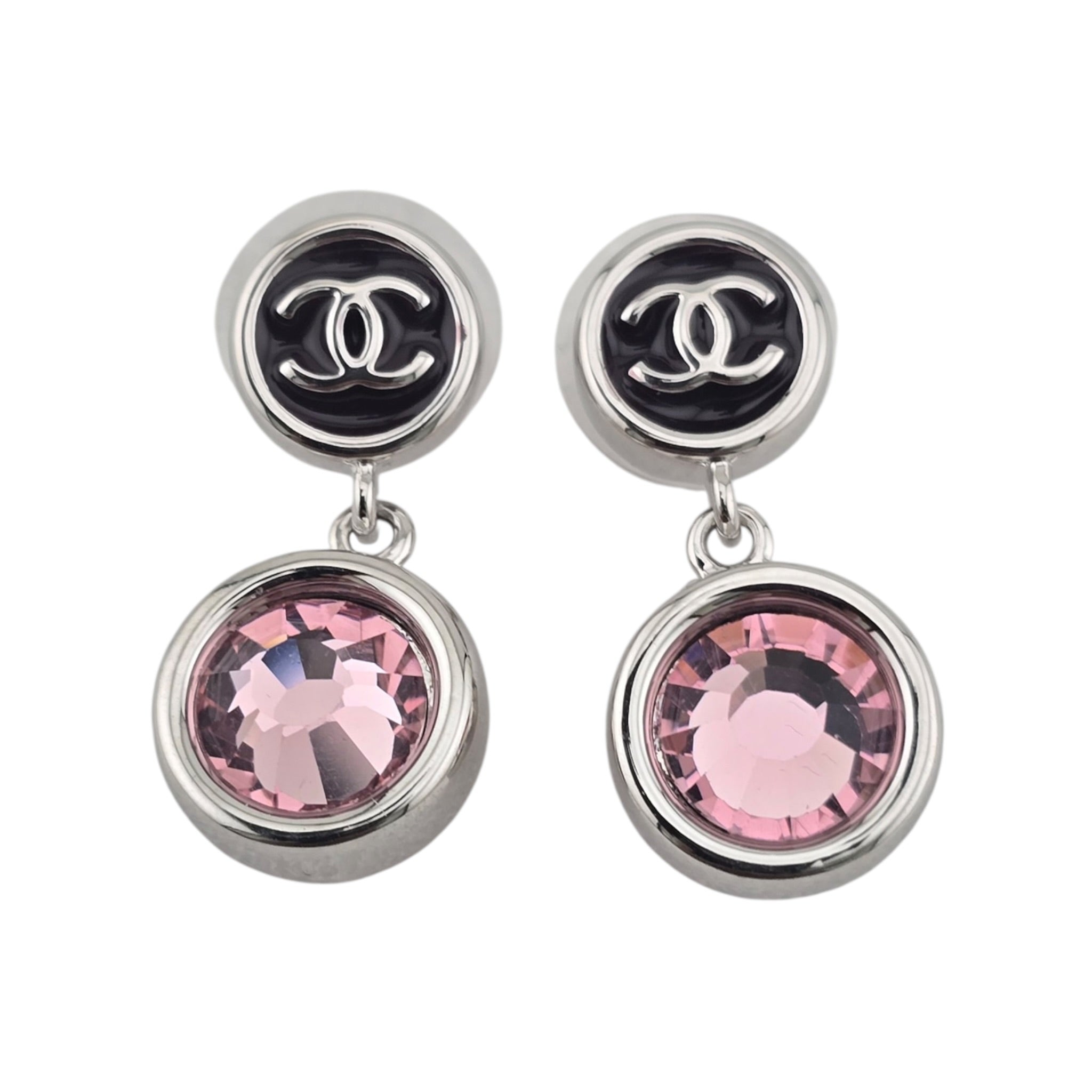 Chanel CC Round Black Drop Pink Silver Earrings 2026 CHANEL