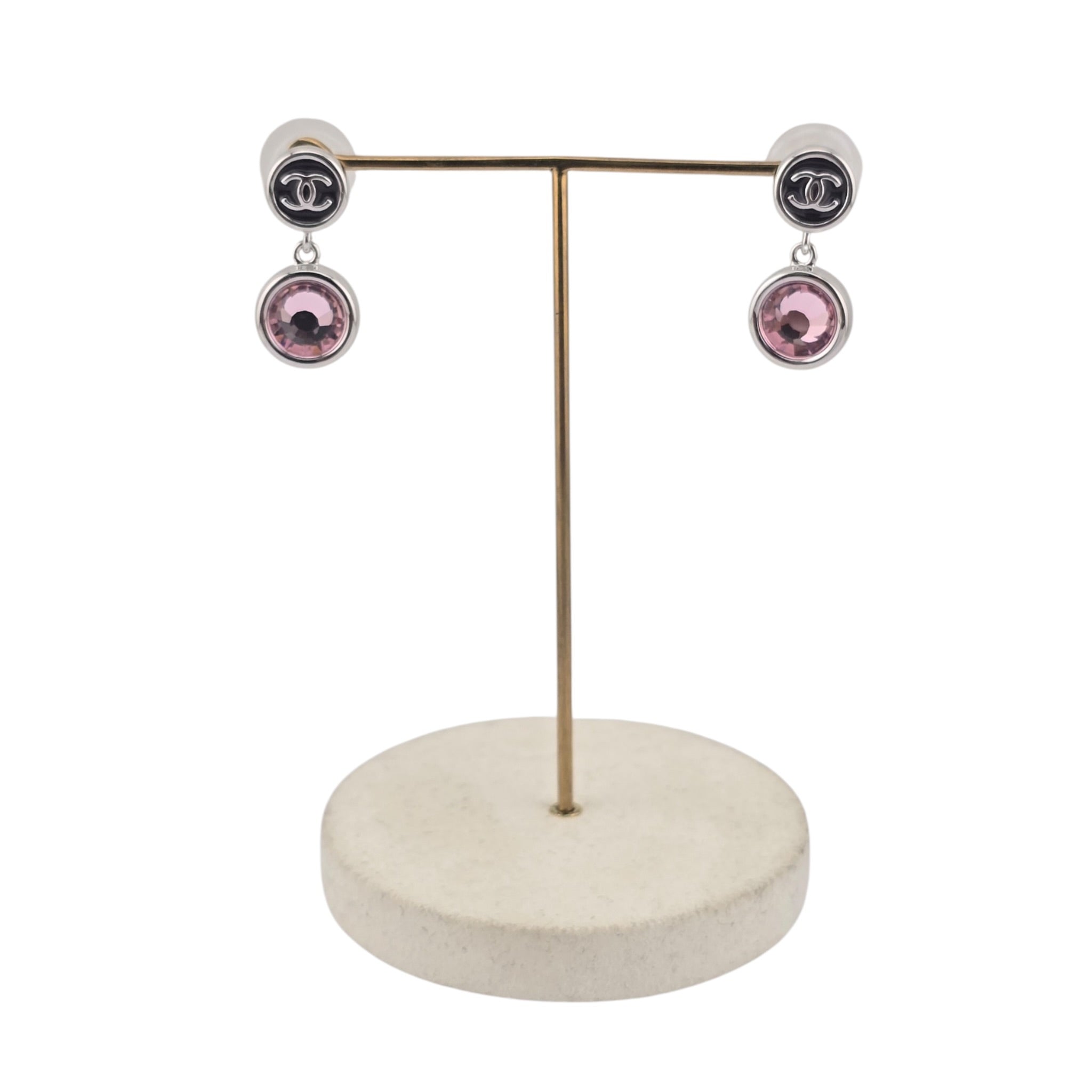 Chanel CC Round Black Drop Pink Silver Earrings 2026 CHANEL