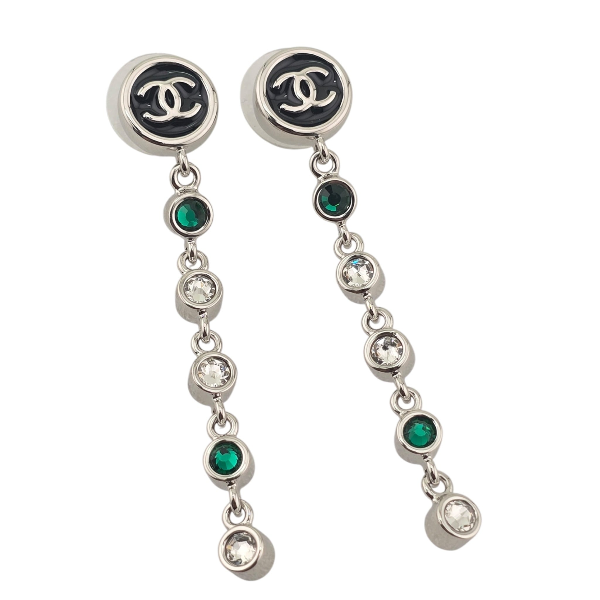 Chanel CC Round Black Drop Green Silver Earrings 2026 CHANEL