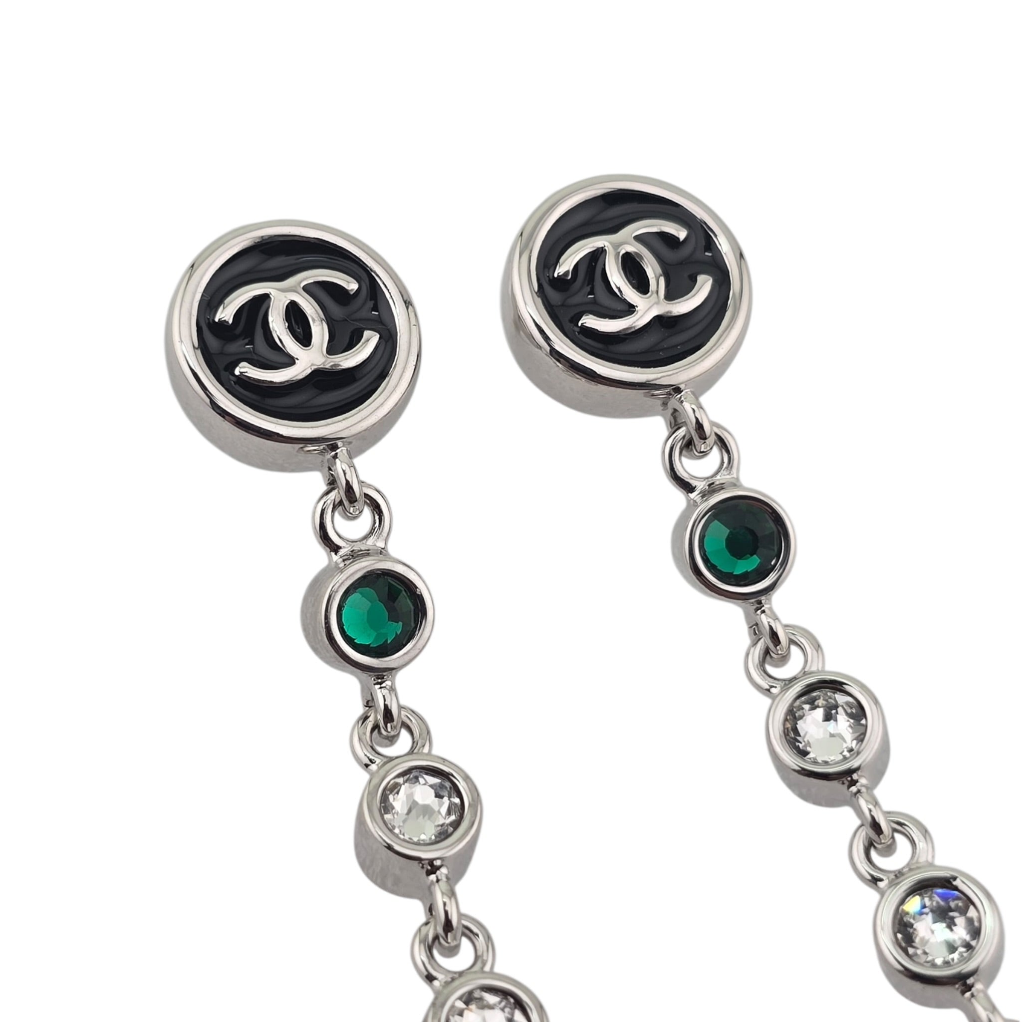 Chanel CC Round Black Drop Green Silver Earrings 2026 CHANEL