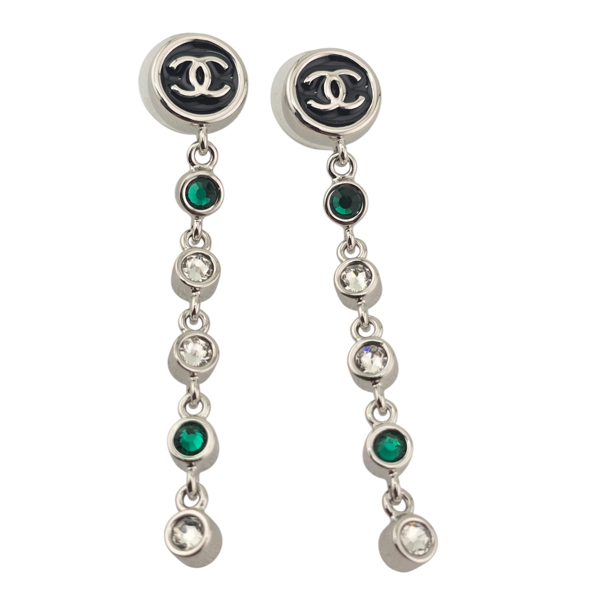Chanel CC Round Black Drop Green Silver Earrings 2026 CHANEL