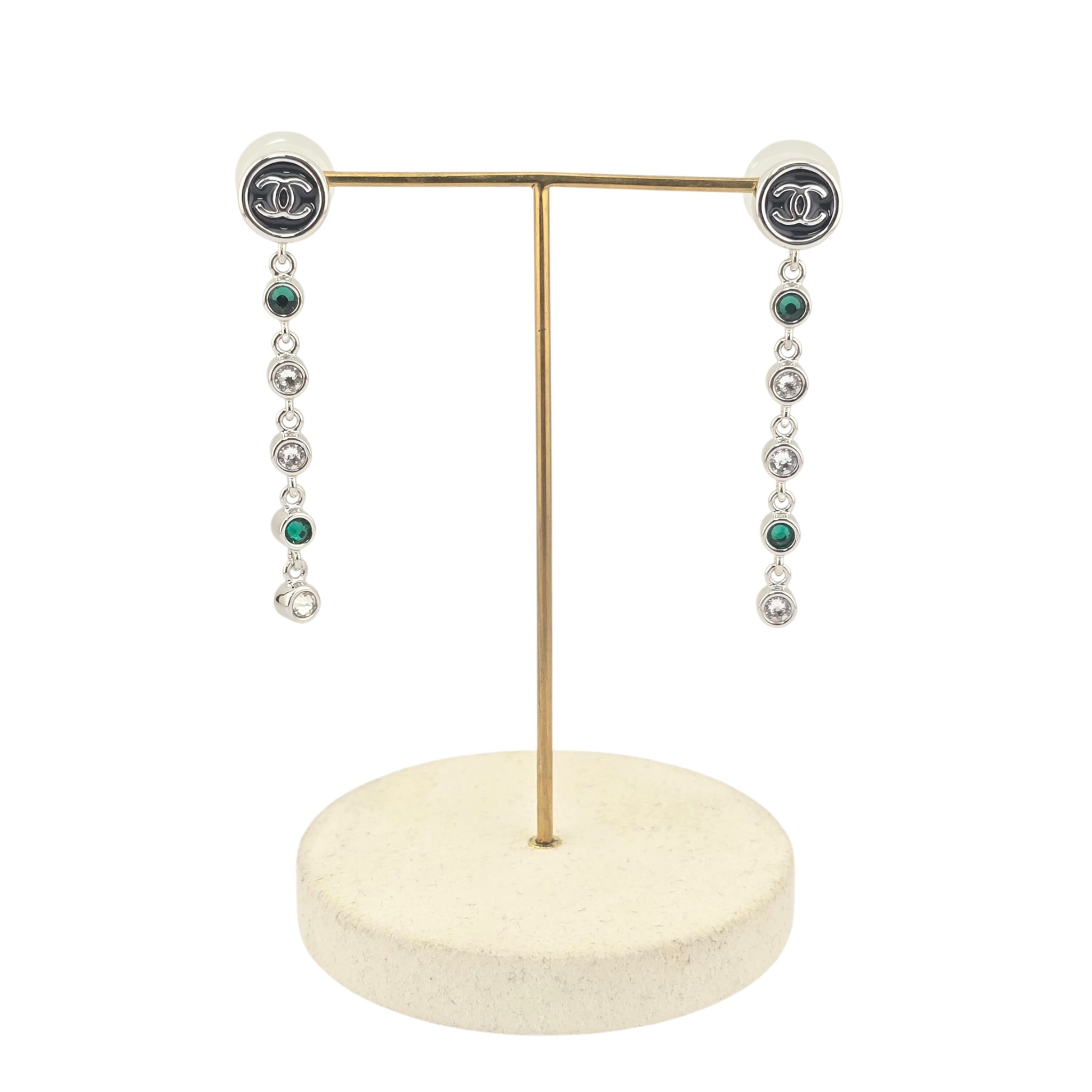 Chanel CC Round Black Drop Green Silver Earrings 2026 CHANEL