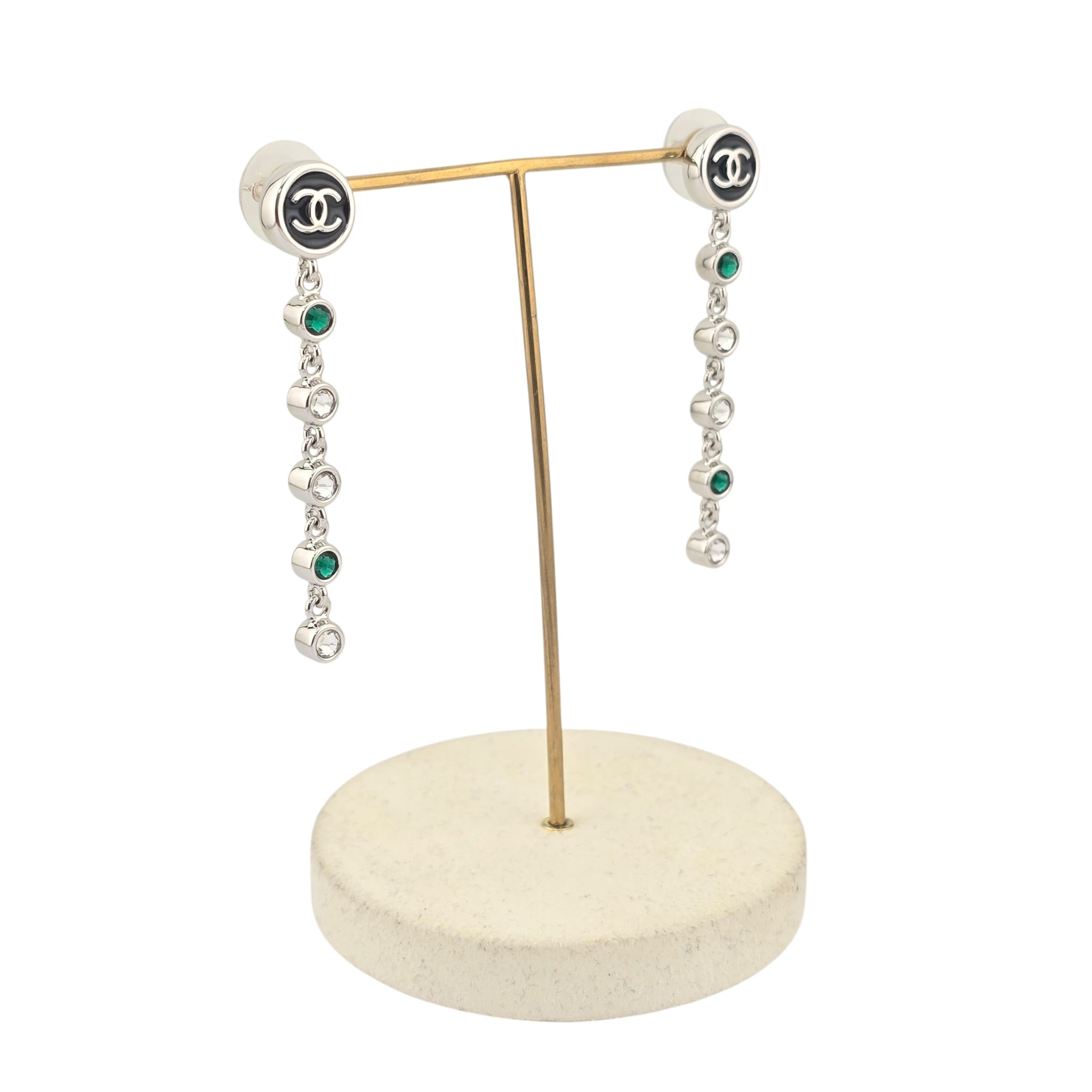 Chanel CC Round Black Drop Green Silver Earrings 2026 CHANEL