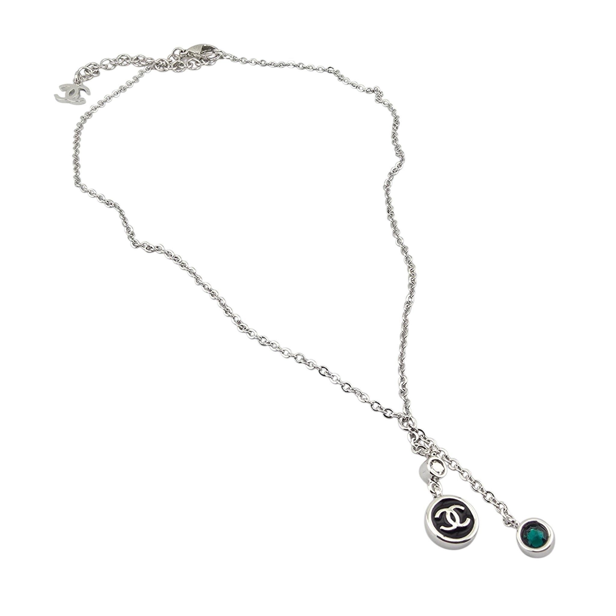 Chanel CC Drop Pendant Silver Green Necklace 2026 CHANEL