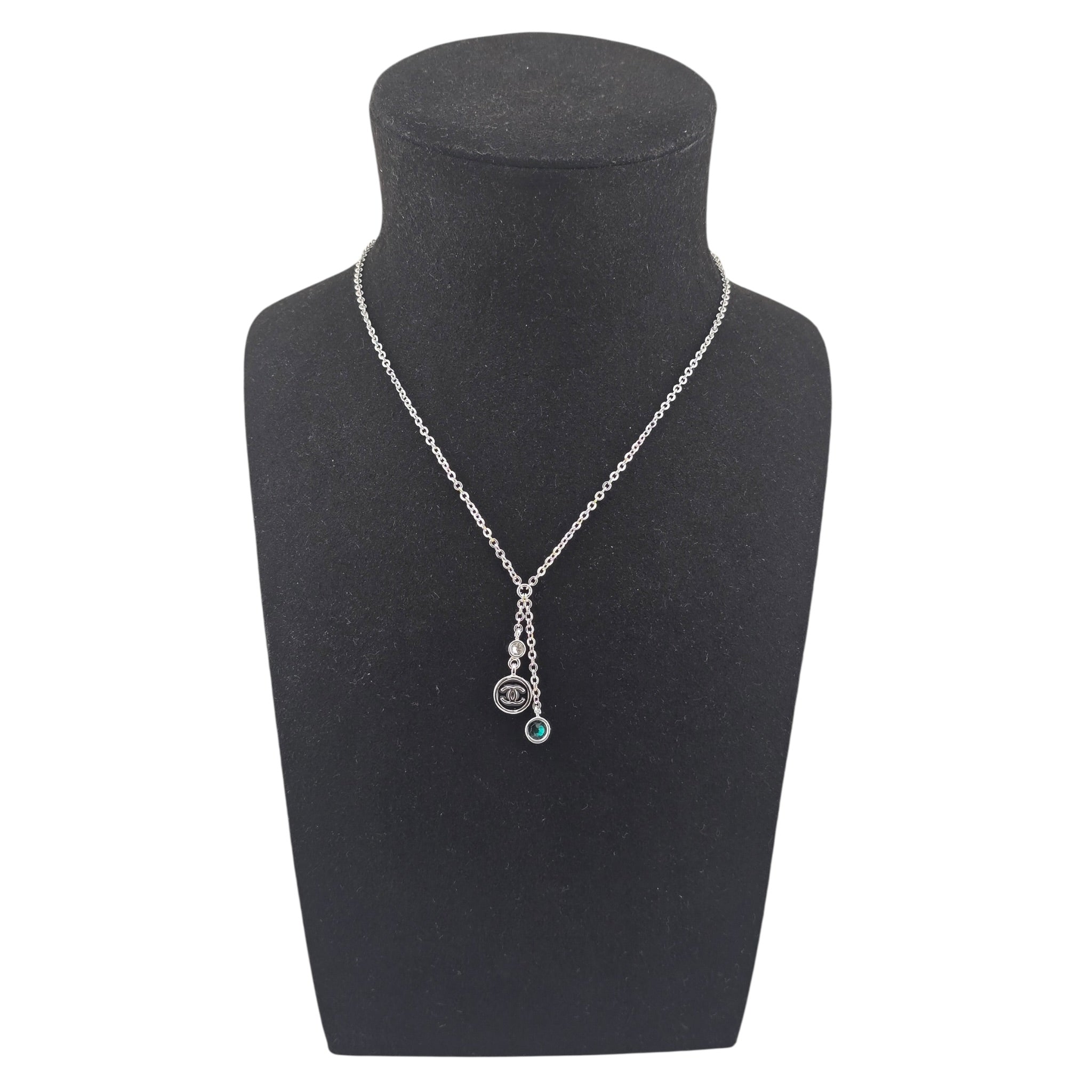 Chanel CC Drop Pendant Silver Green Necklace 2026 CHANEL