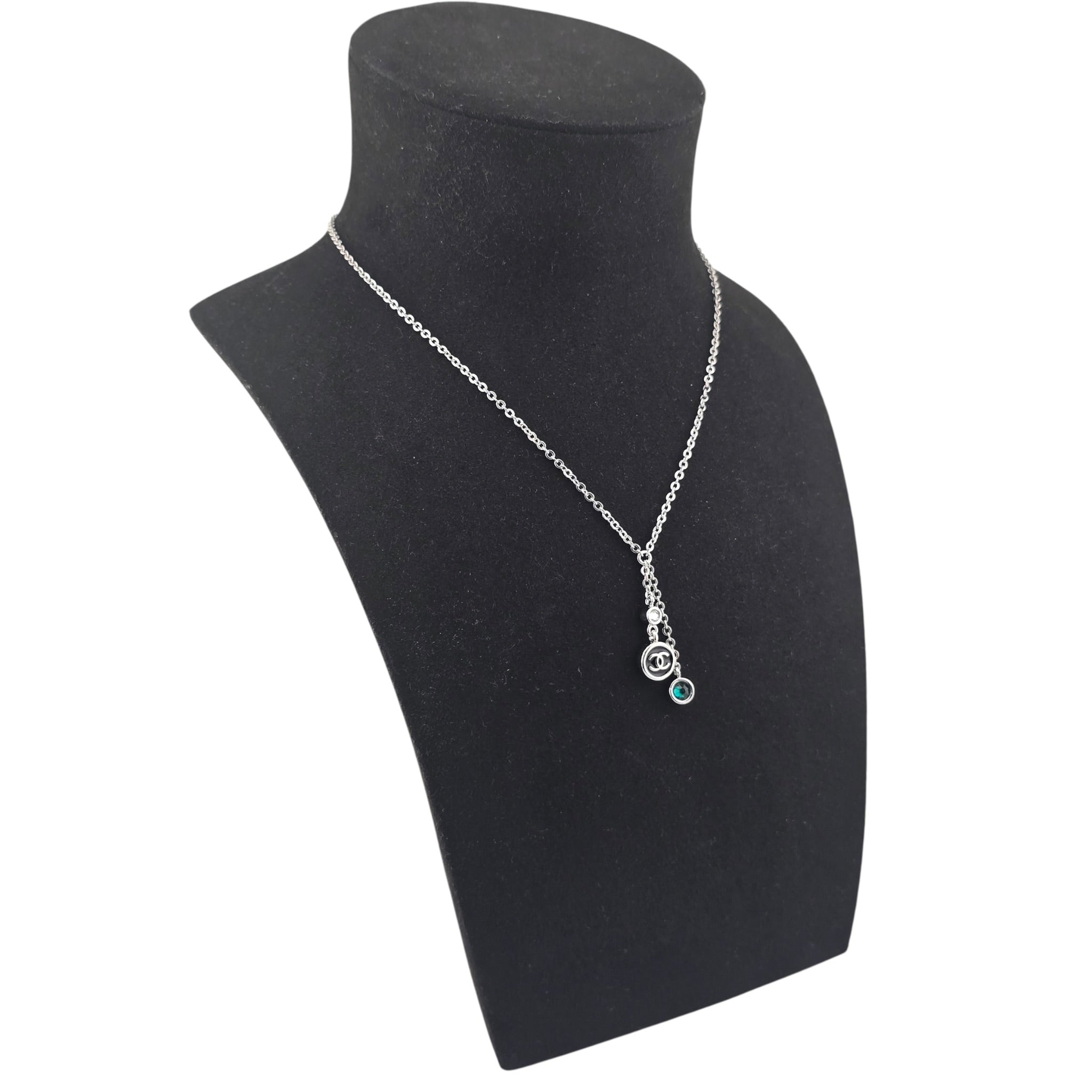 Chanel CC Drop Pendant Silver Green Necklace 2026 CHANEL