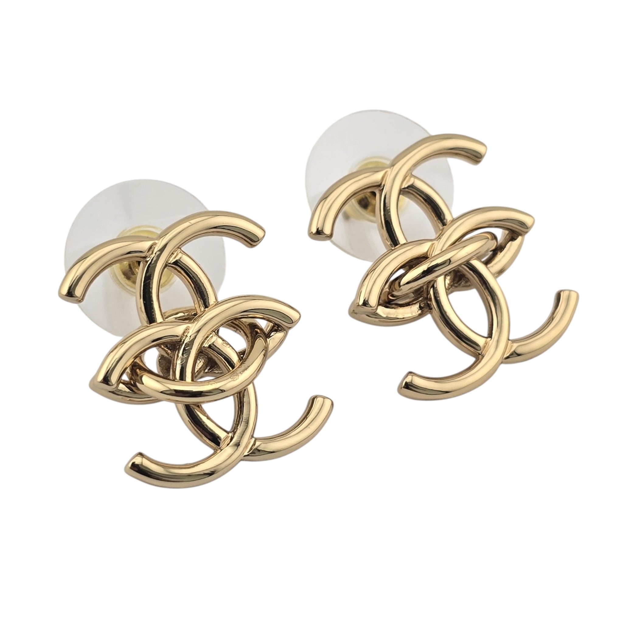 Chanel CC Metal Double Interlock Gold Earrings CHANEL