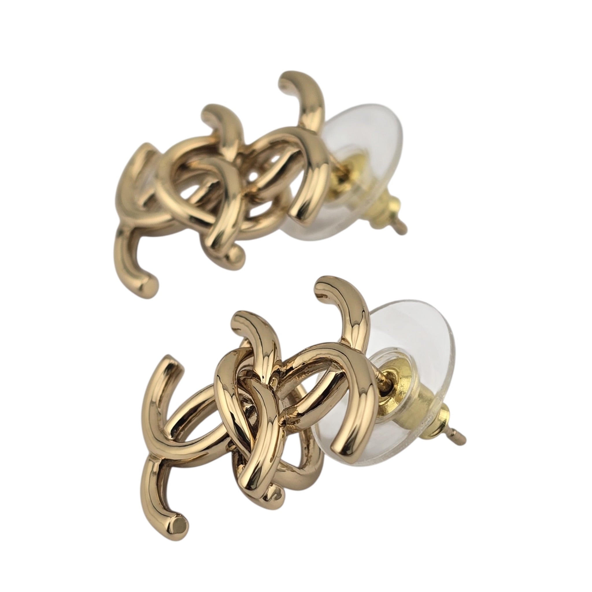 Chanel CC Metal Double Interlock Gold Earrings CHANEL