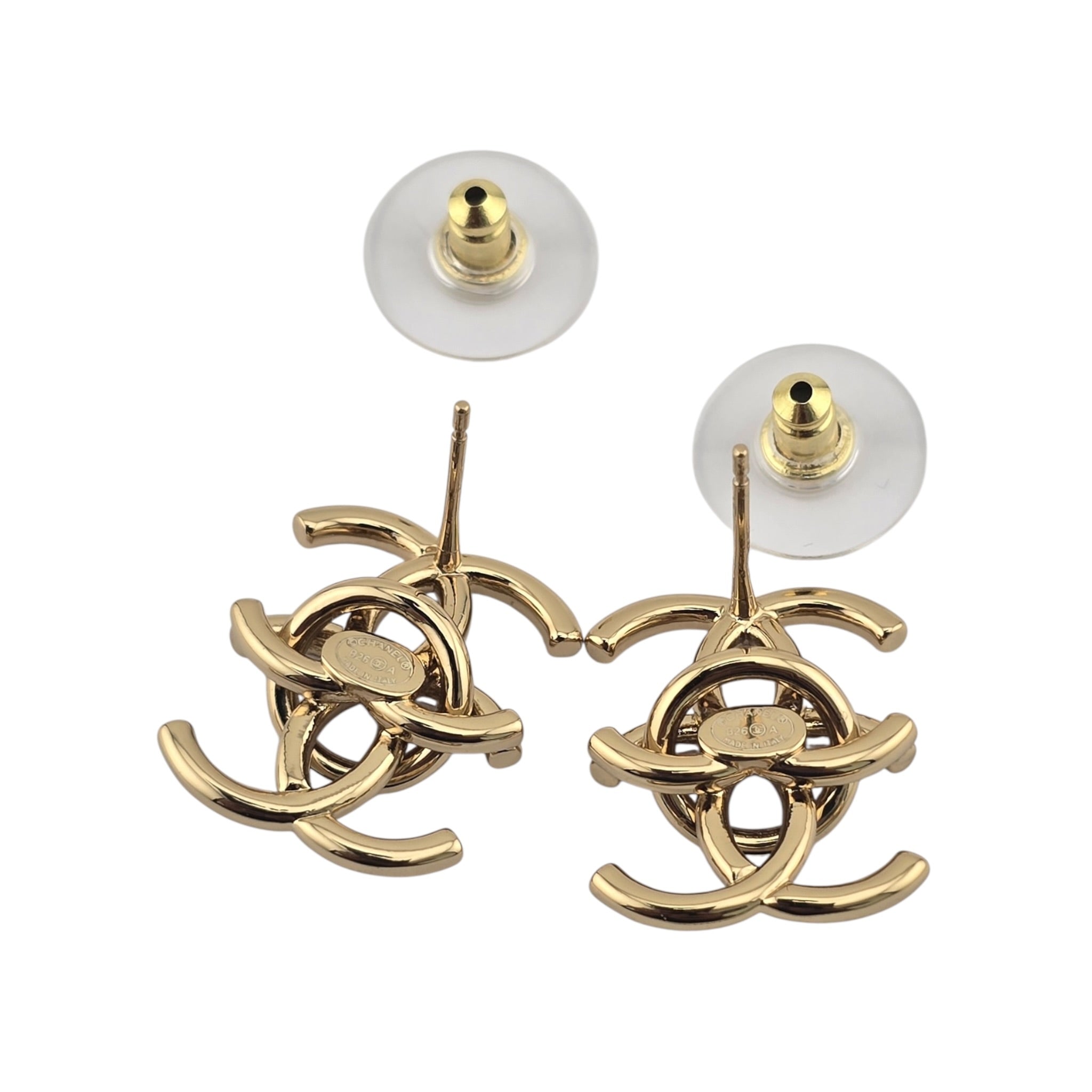 Chanel CC Metal Double Interlock Gold Earrings CHANEL