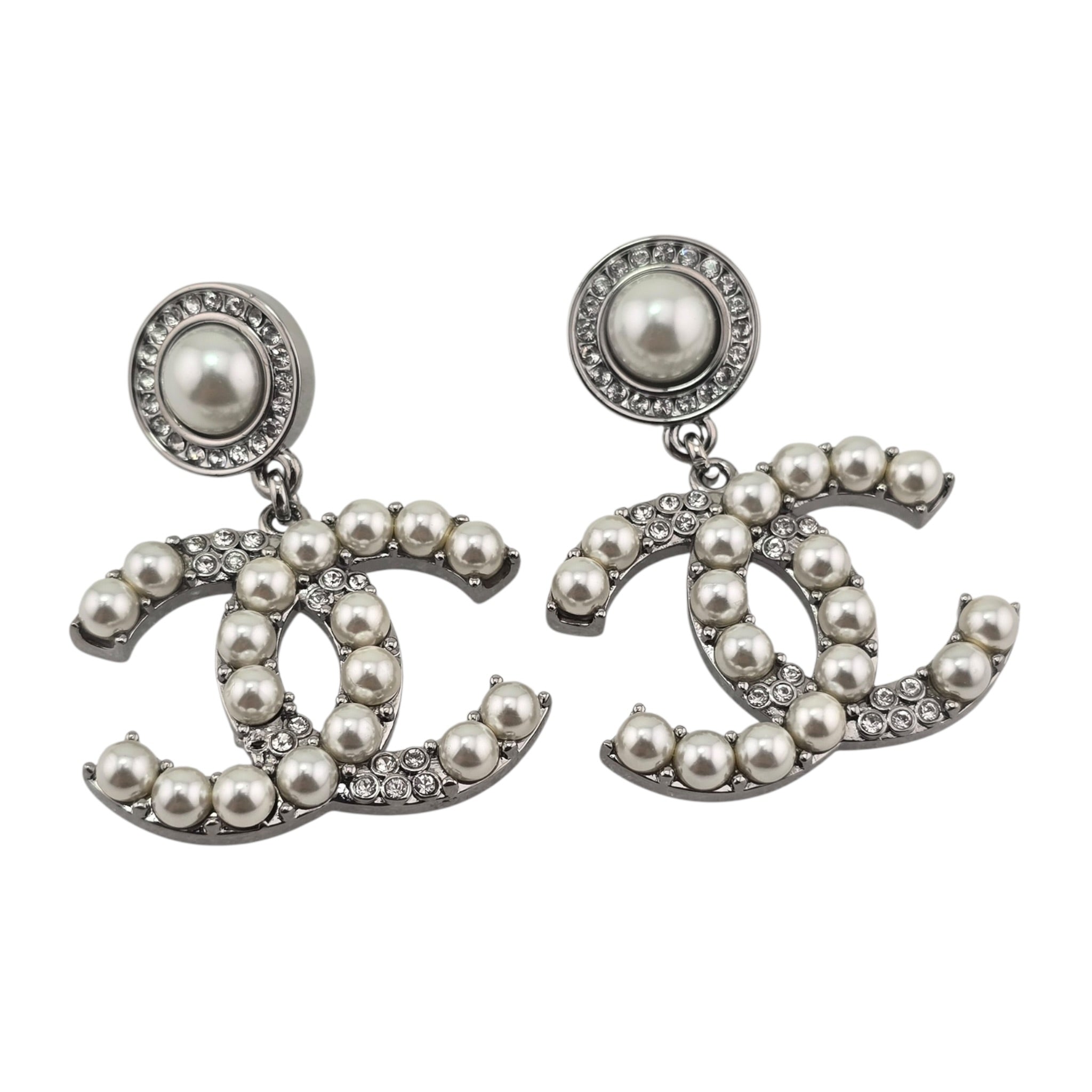 Chanel CC Ruthenium Crystal Pearl Drop Earrings 2021 CHANEL