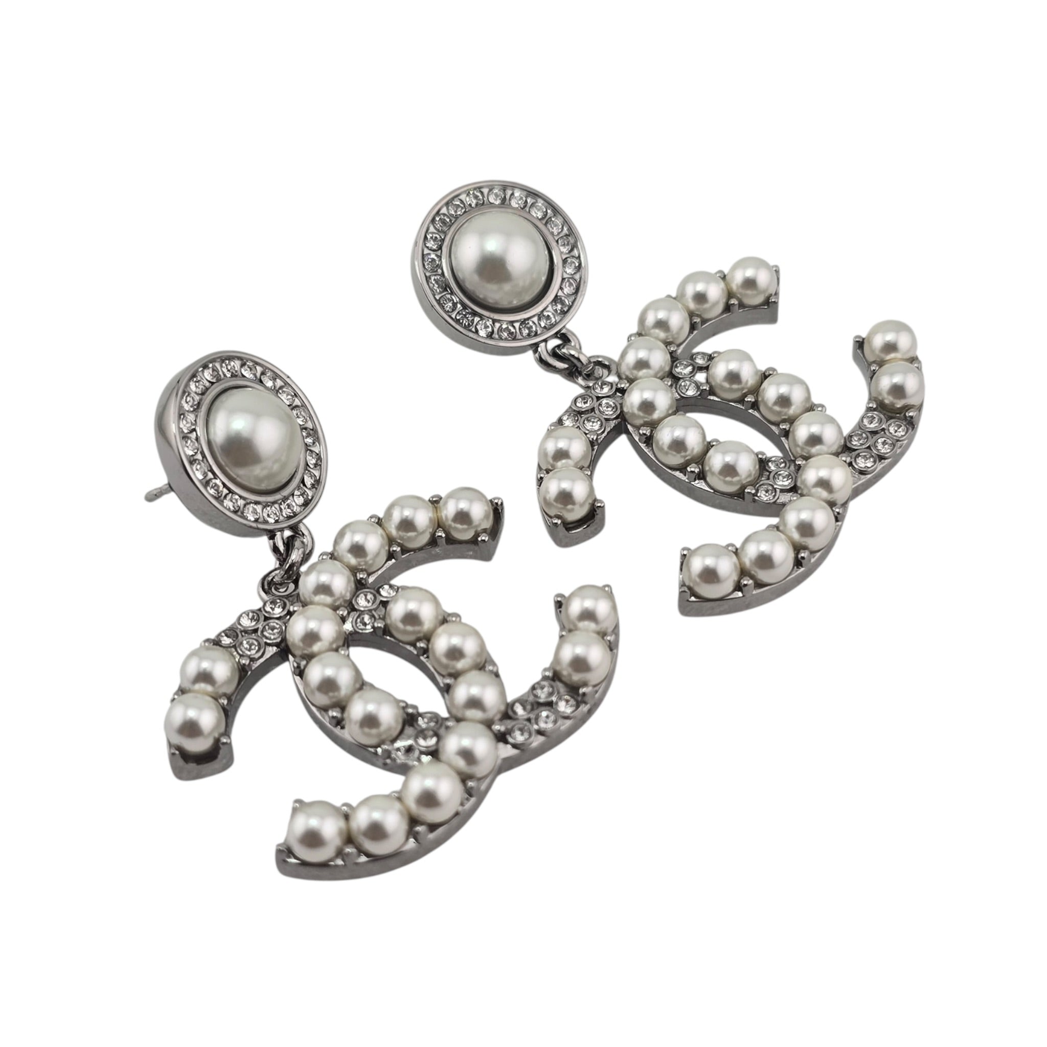 Chanel CC Ruthenium Crystal Pearl Drop Earrings 2021 CHANEL