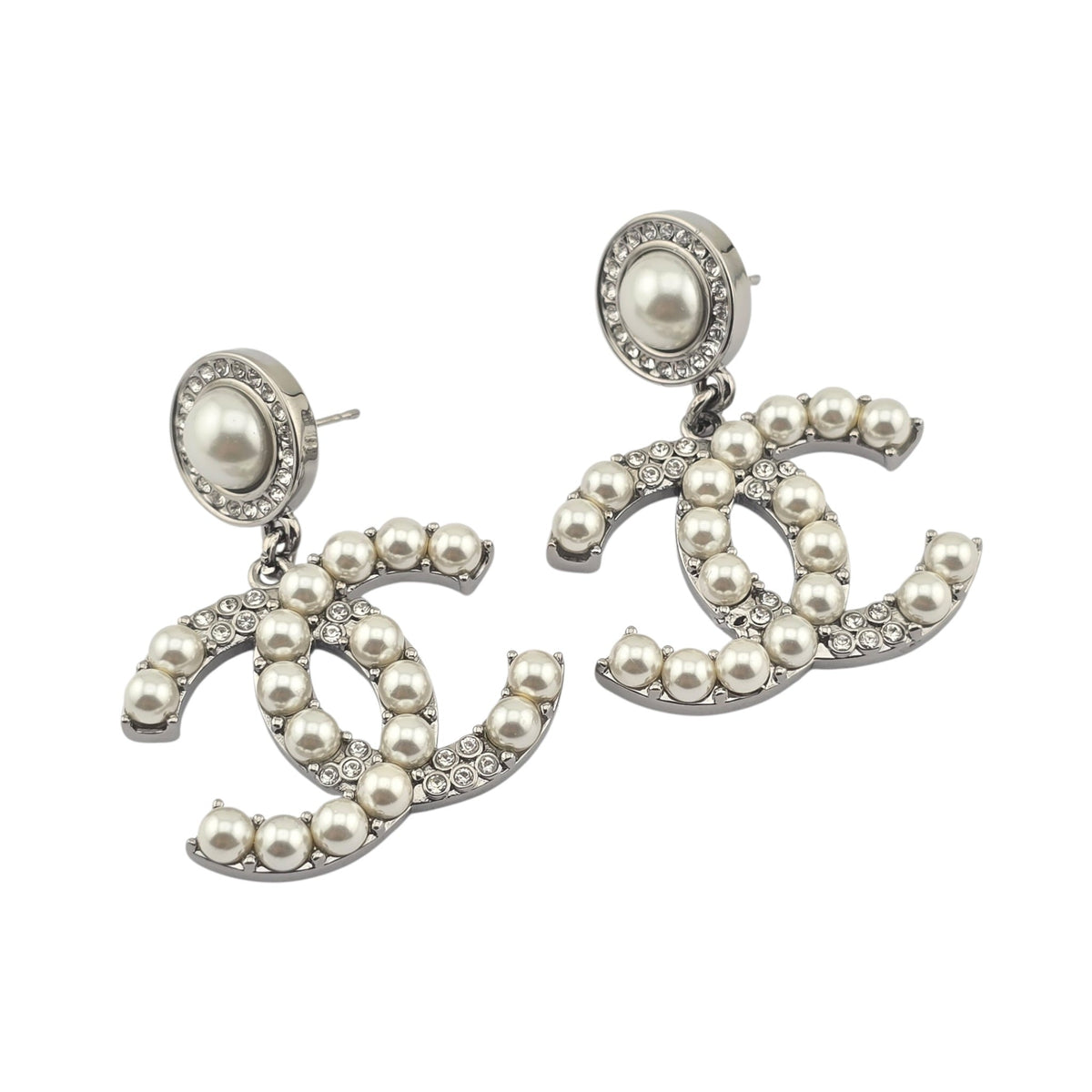 Chanel CC Ruthenium Crystal Pearl Drop Earrings 2021 CHANEL