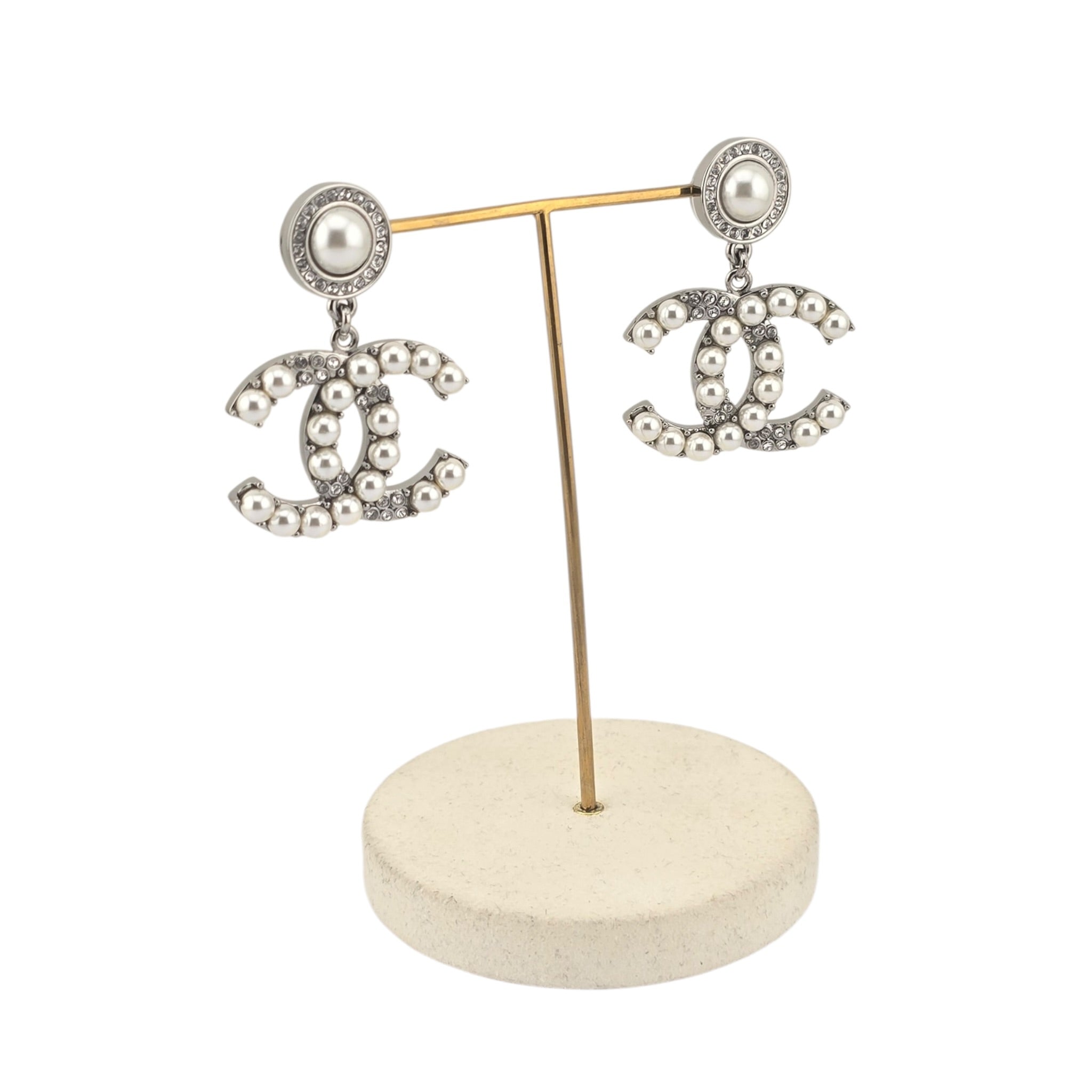 Chanel CC Ruthenium Crystal Pearl Drop Earrings 2021 CHANEL