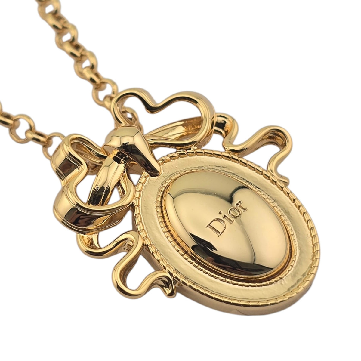 Christian Dior Gold Bow Oval Pendant Necklace DIOR