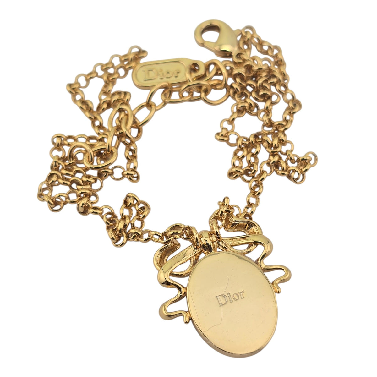 Christian Dior Gold Bow Oval Pendant Necklace DIOR