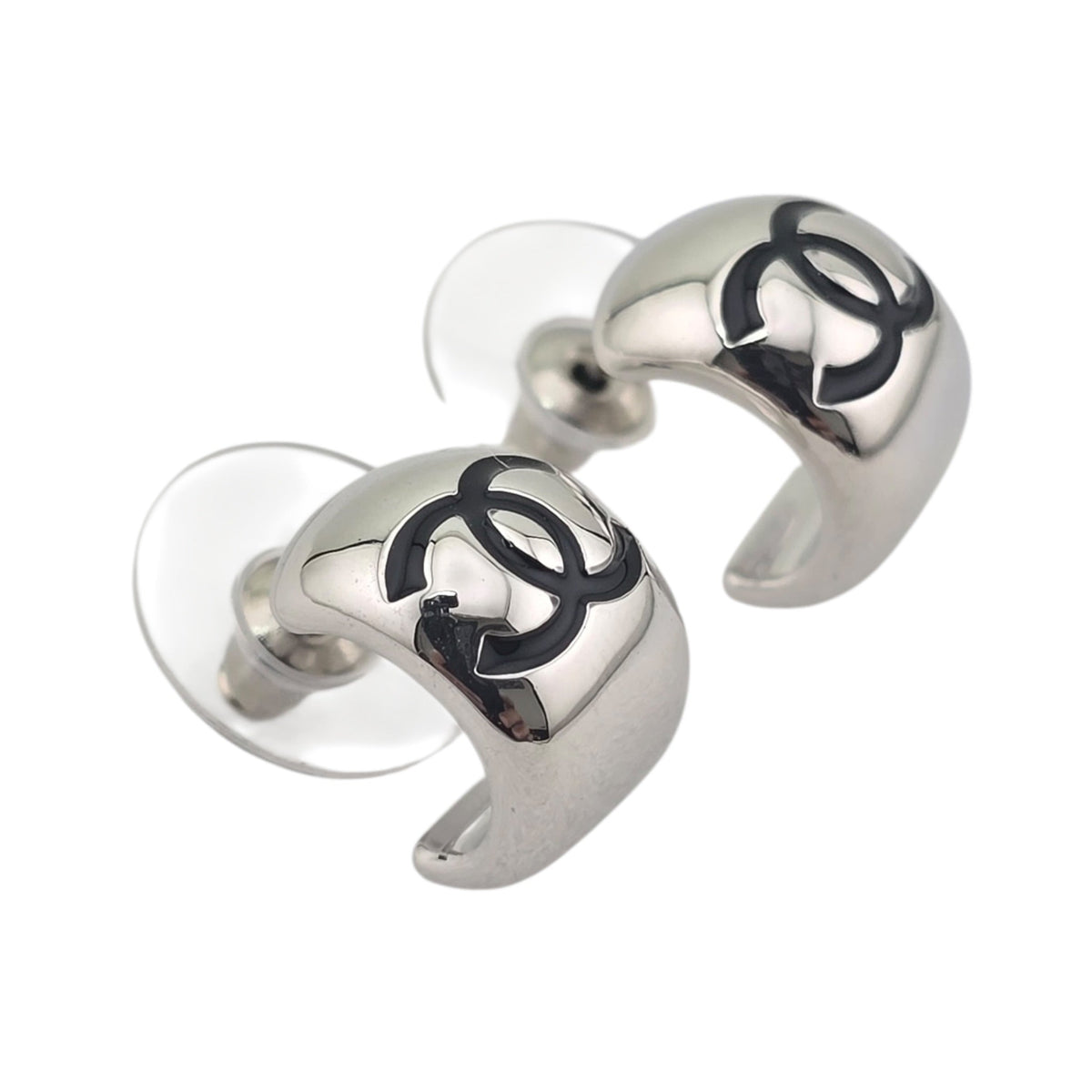 Chanel CC Metal Resin Stud Earrings Silver Black 2026 CHANEL