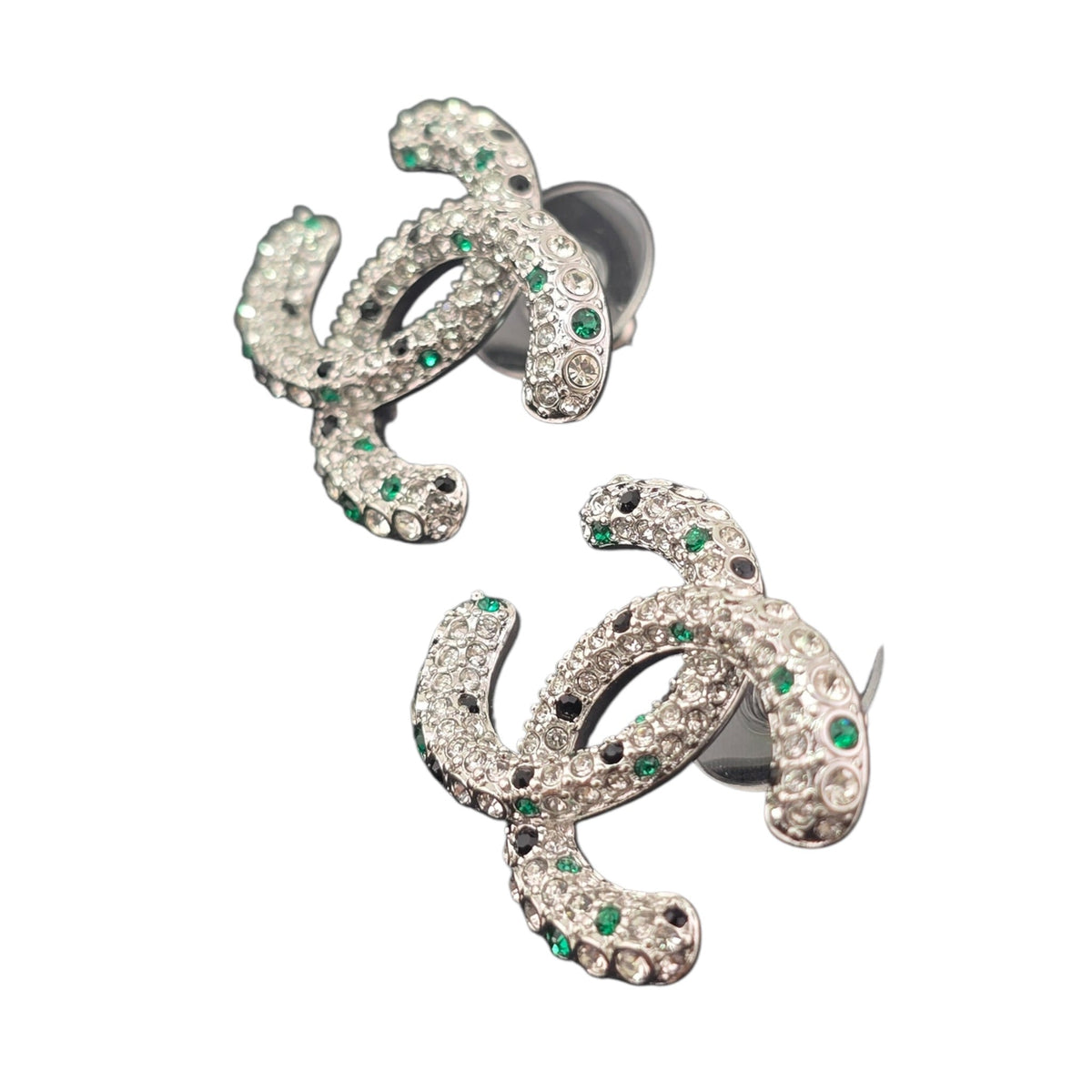 Chanel CC Silver Stud Green Crystal Earrings 2026 CHANEL