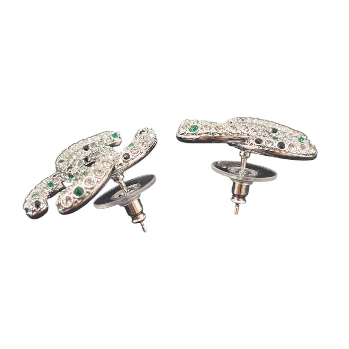 Chanel CC Silver Stud Green Crystal Earrings 2026 CHANEL