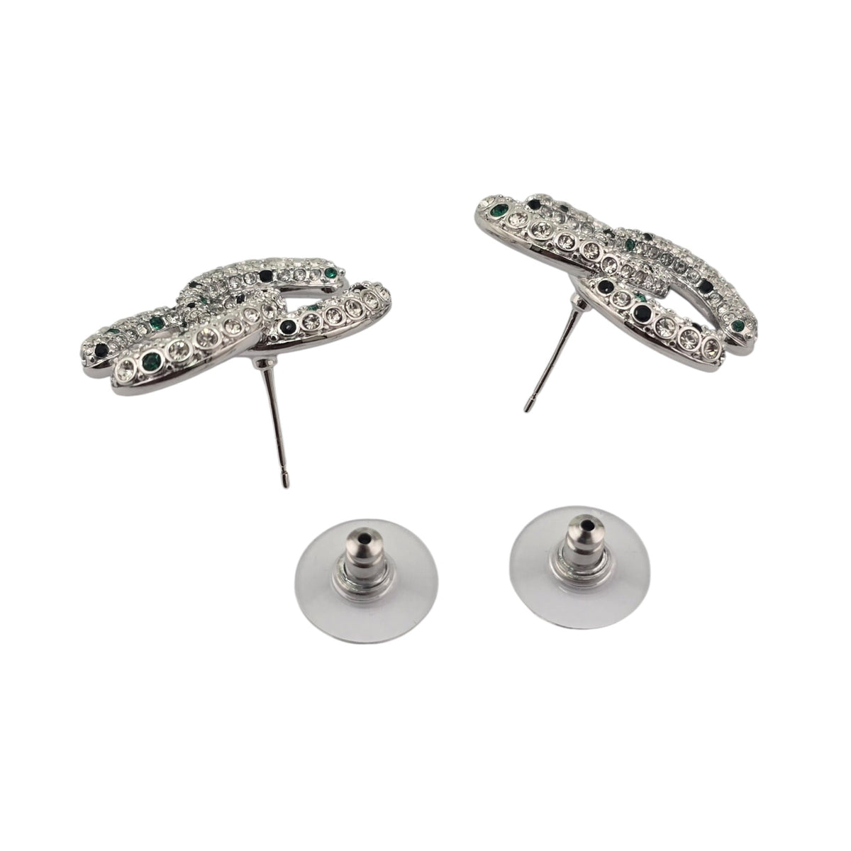 Chanel CC Silver Stud Green Crystal Earrings 2026 CHANEL