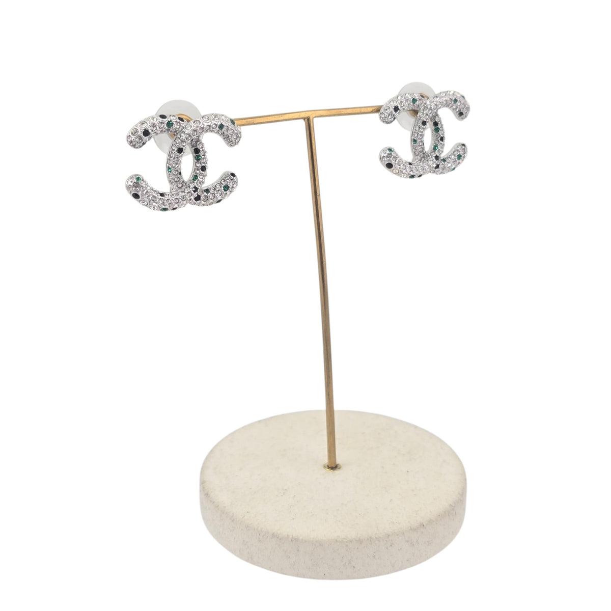 Chanel CC Silver Stud Green Crystal Earrings 2026 CHANEL