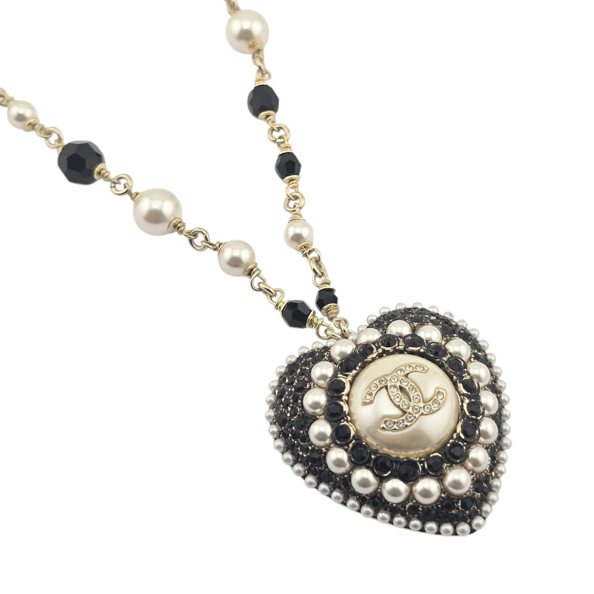 Chanel CC Heart Faux Pearl Strass Resin Necklace CHANEL
