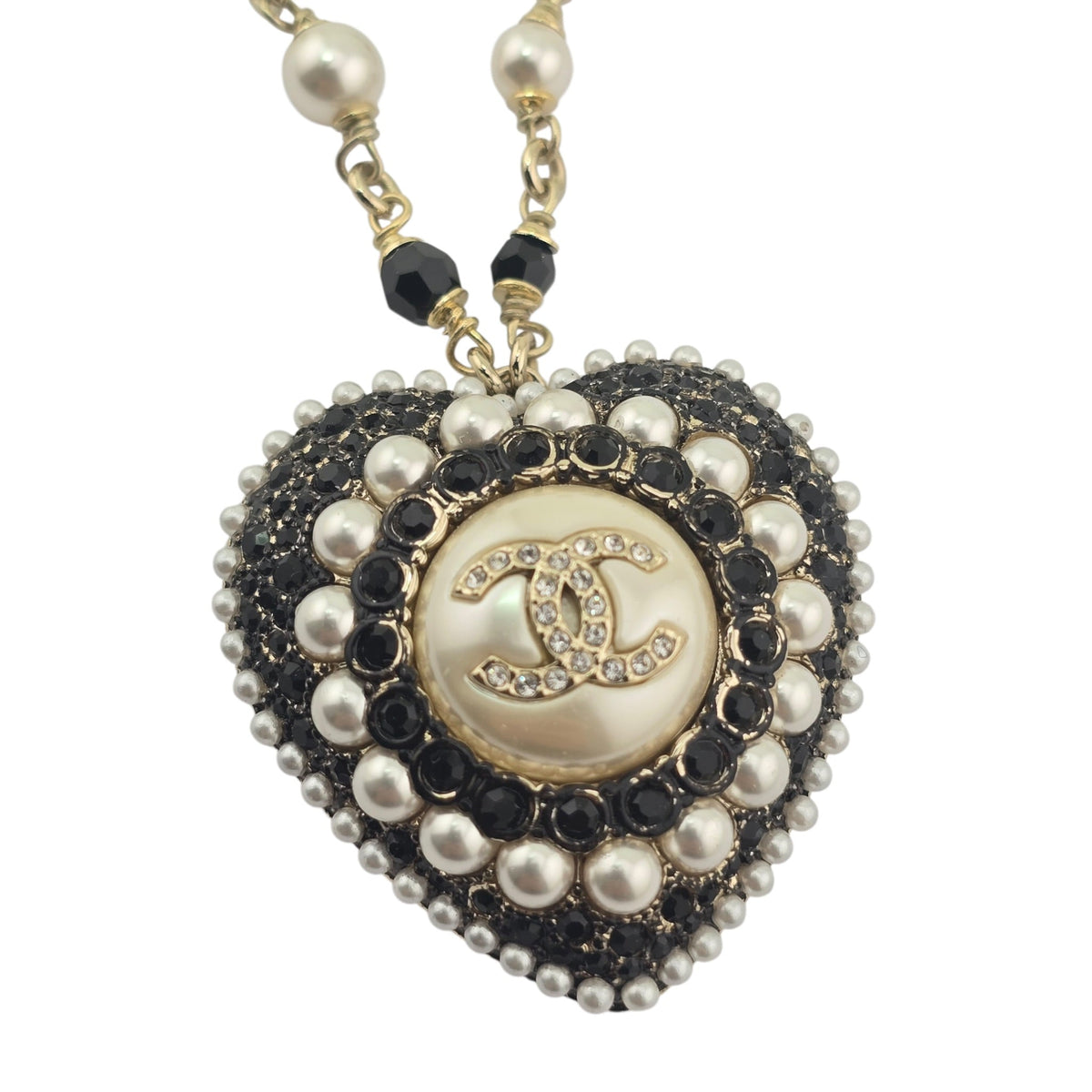 Chanel CC Heart Faux Pearl Strass Resin Necklace CHANEL