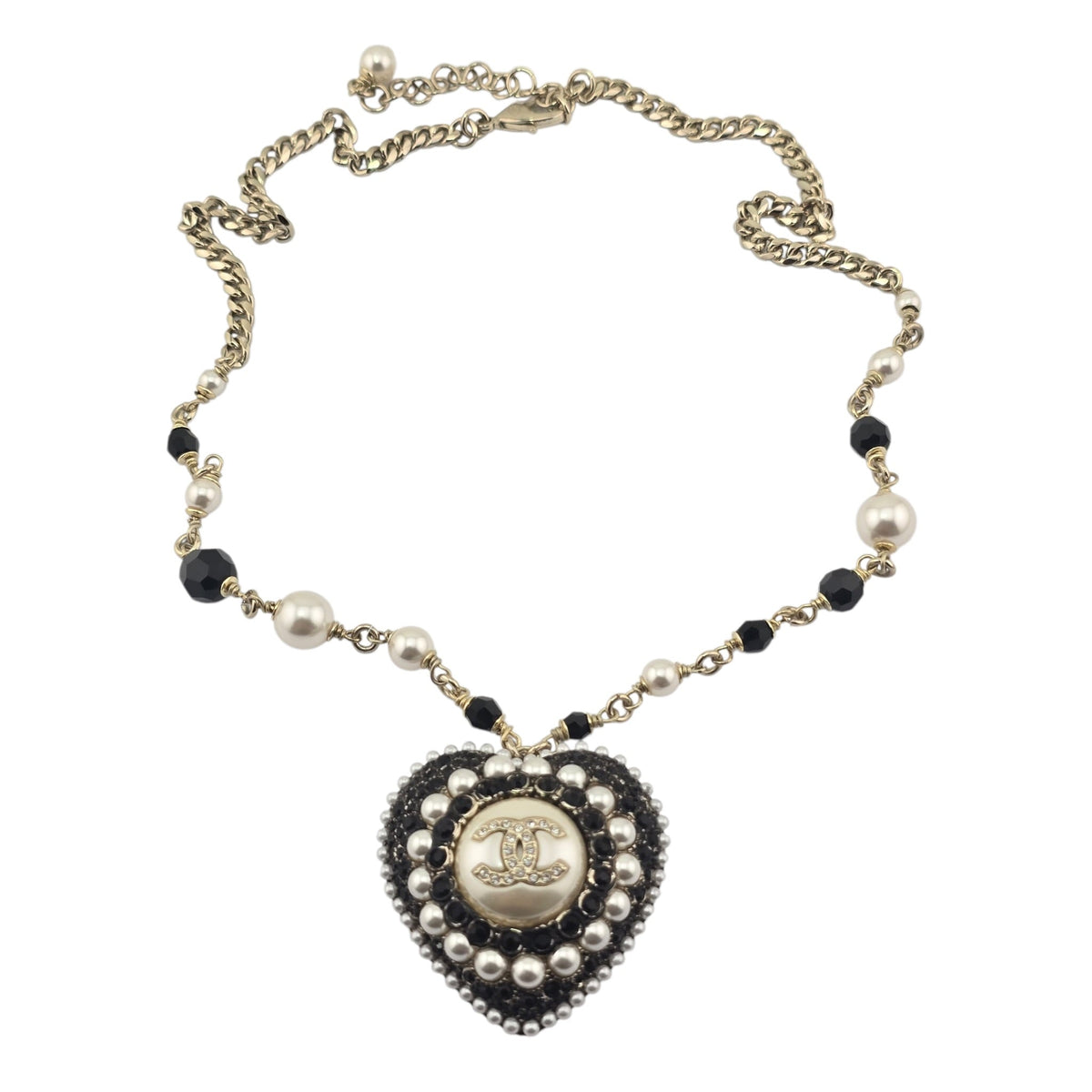 Chanel CC Heart Faux Pearl Strass Resin Necklace CHANEL