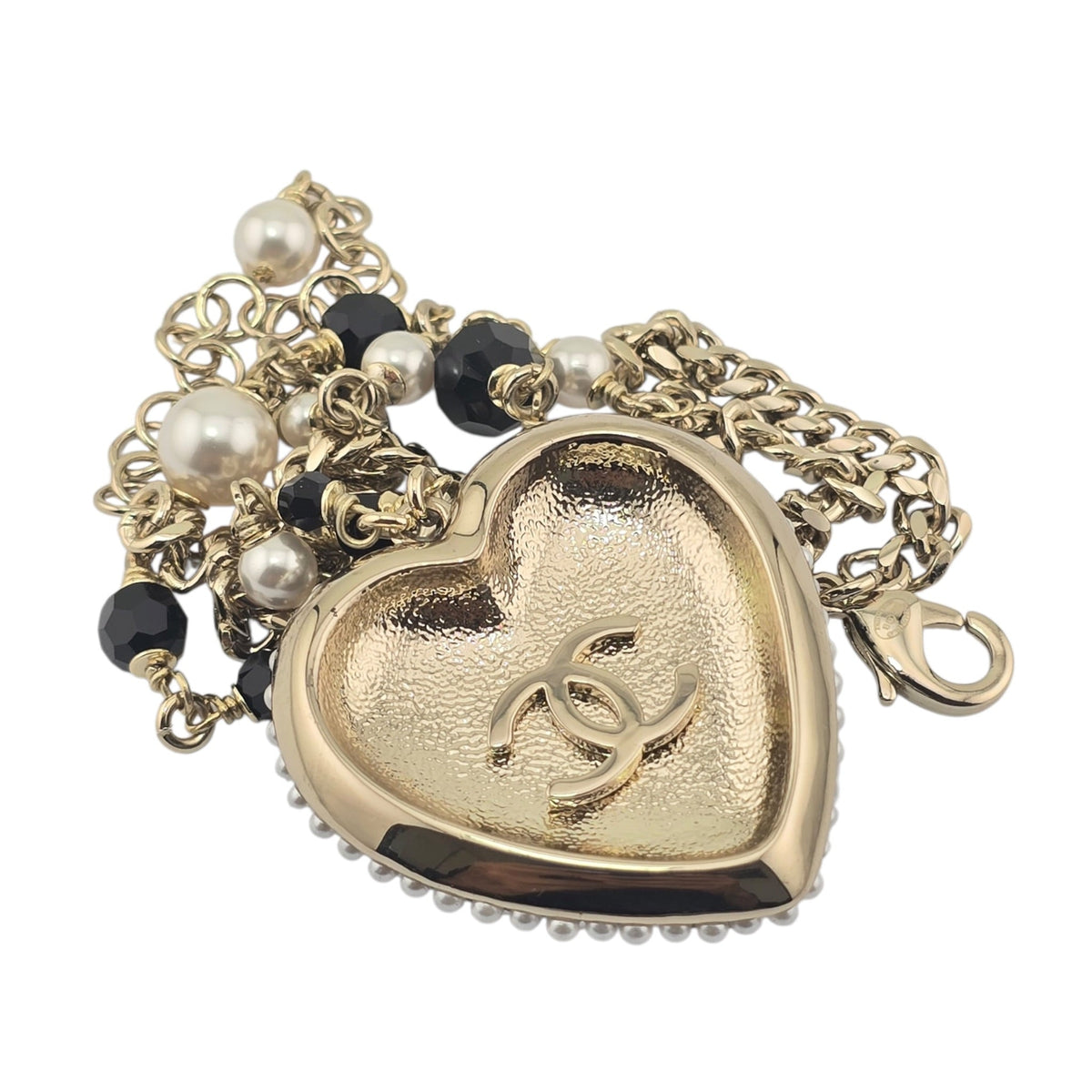 Chanel CC Heart Faux Pearl Strass Resin Necklace CHANEL