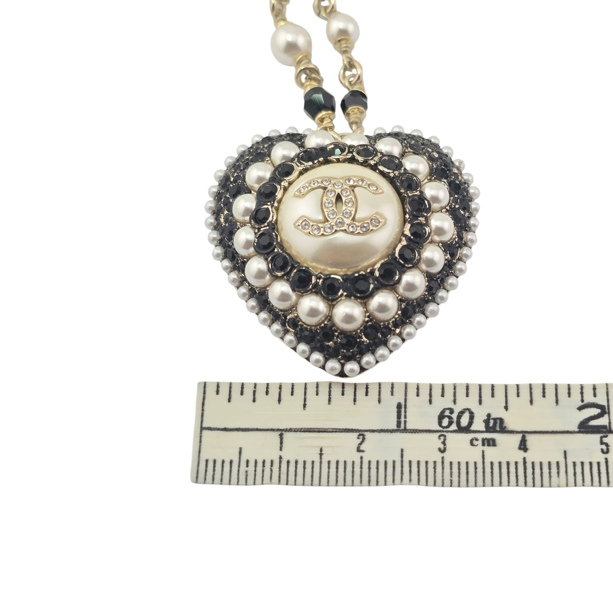 Chanel CC Heart Faux Pearl Strass Resin Necklace CHANEL