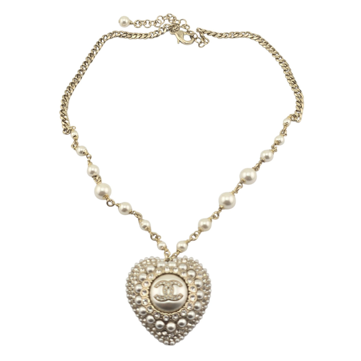 Chanel CC White Heart Faux Pearl Strass Resin Necklace CHANEL