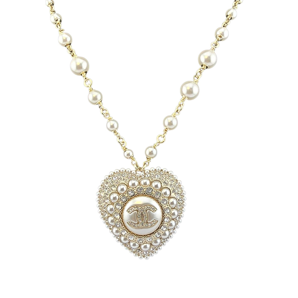 Chanel CC White Heart Faux Pearl Strass Resin Necklace CHANEL