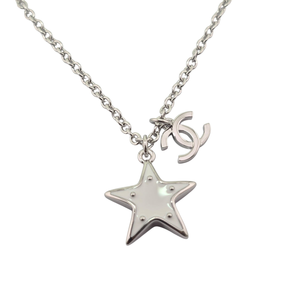 Chanel CC Silver White Star Necklace 2026 CHANEL