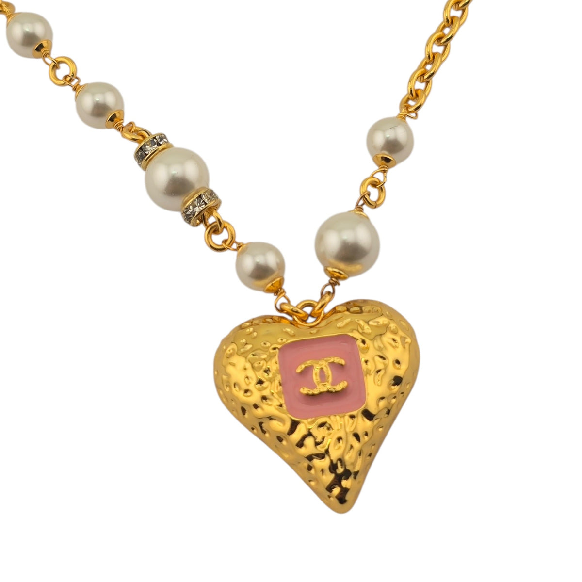 Chanel CC Pendant Pink White Gold Heart Necklace CHANEL